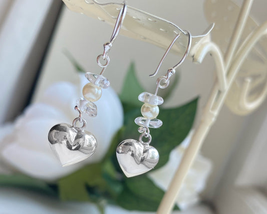Puff Heart & Clear Quartz Earrings