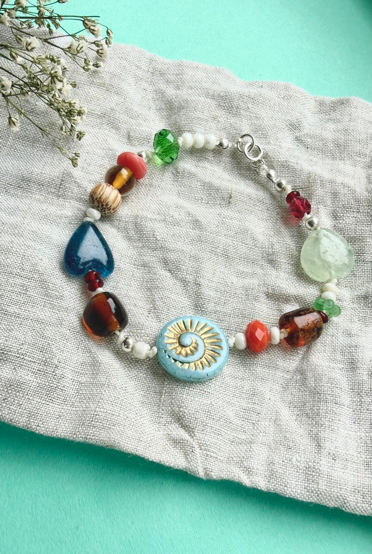 Colourful Ethnic-Style Czech Glass Bracelet with Vintage Glass & Sterling Silver – 8.5” / 22cm