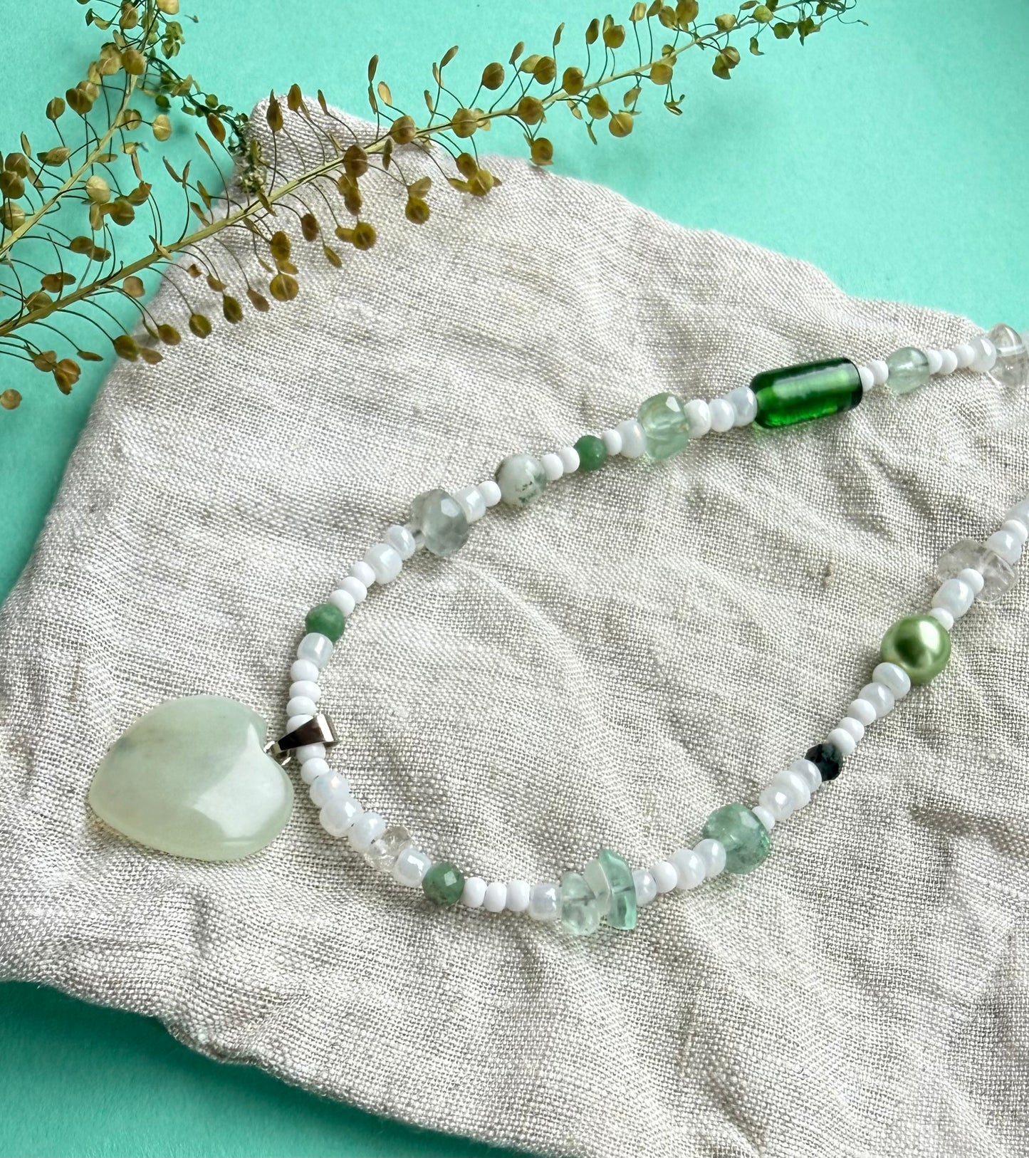 Summer Choker Necklace with Prehnite Heart Pendant – Glass, Gemstone & Vintage Beaded Necklace (16” approx)