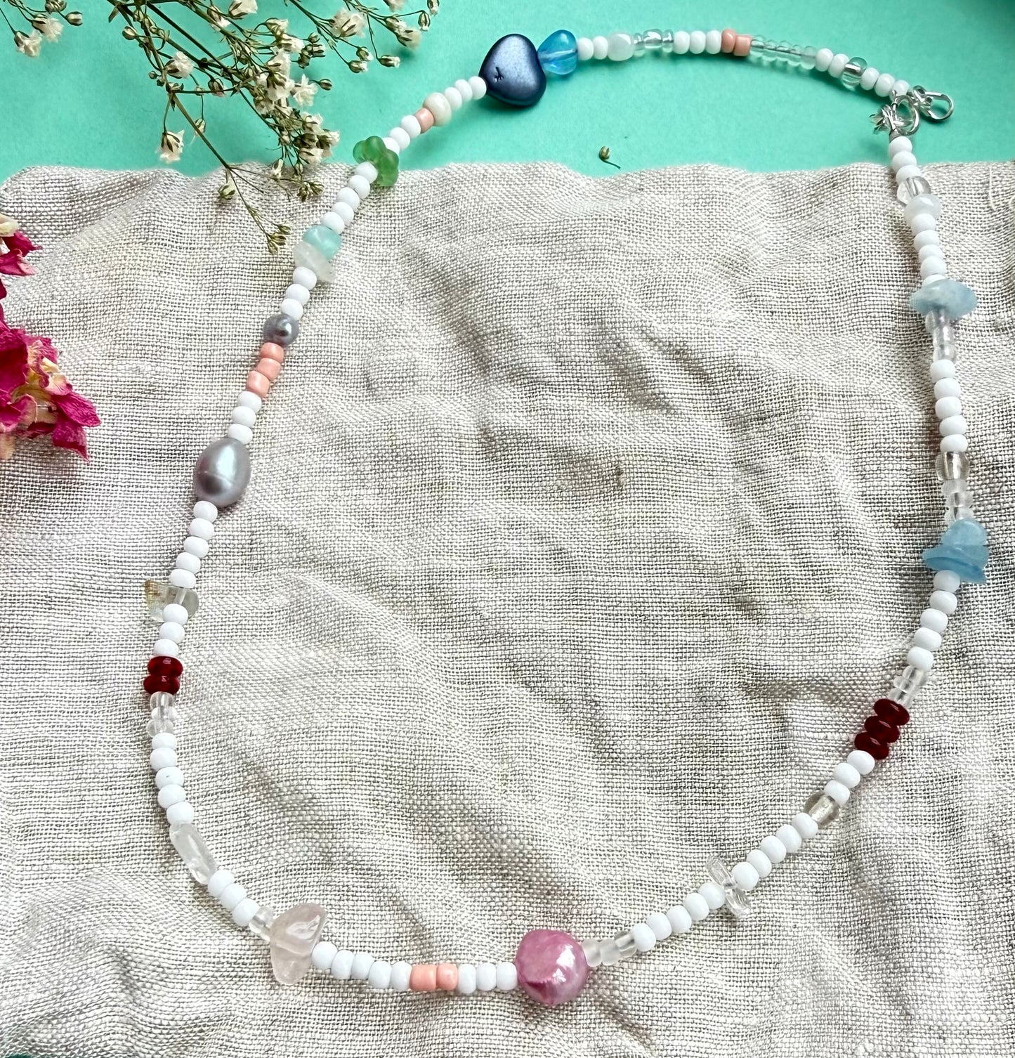 Summer Choker Necklace – Glass, Gemstone & Pearl Beaded Necklace (15” approx)