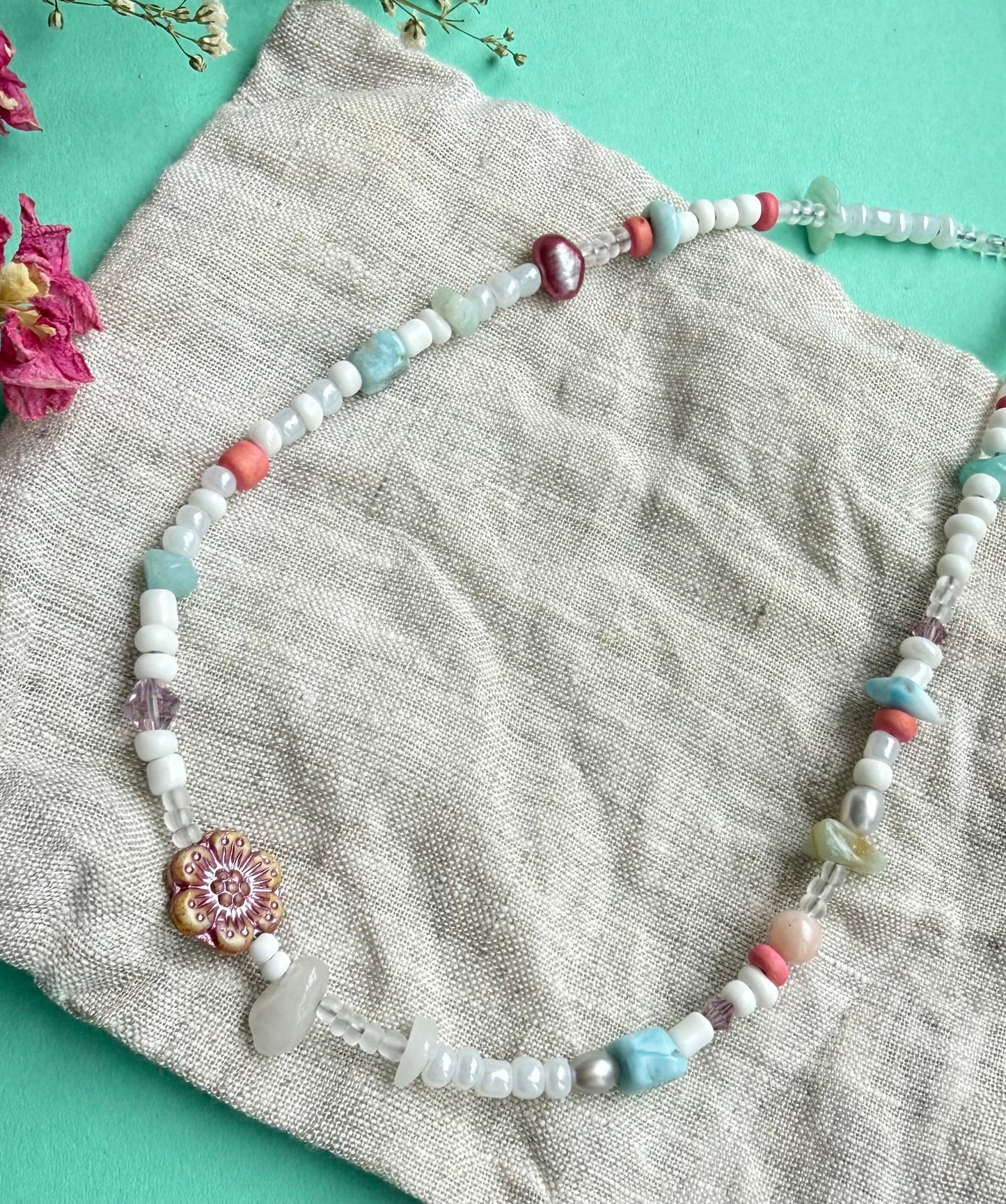 Summer Choker Necklace – Glass, Gemstone & Pearl Beaded Flower Necklace (15” approx)