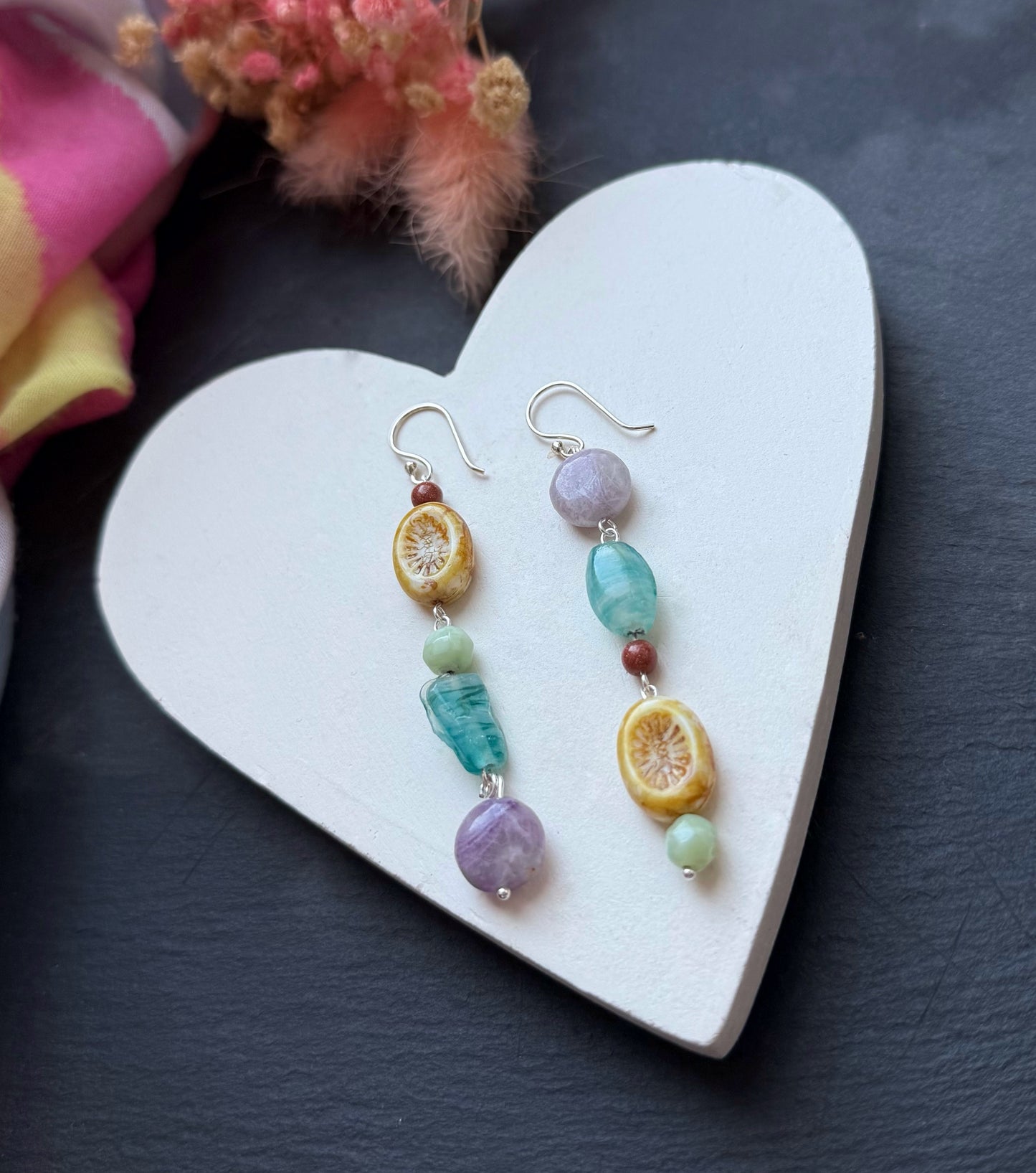 Boho Dangle Earrings with Vintage & Czech Glass Beads on Sterling Silver Hooks