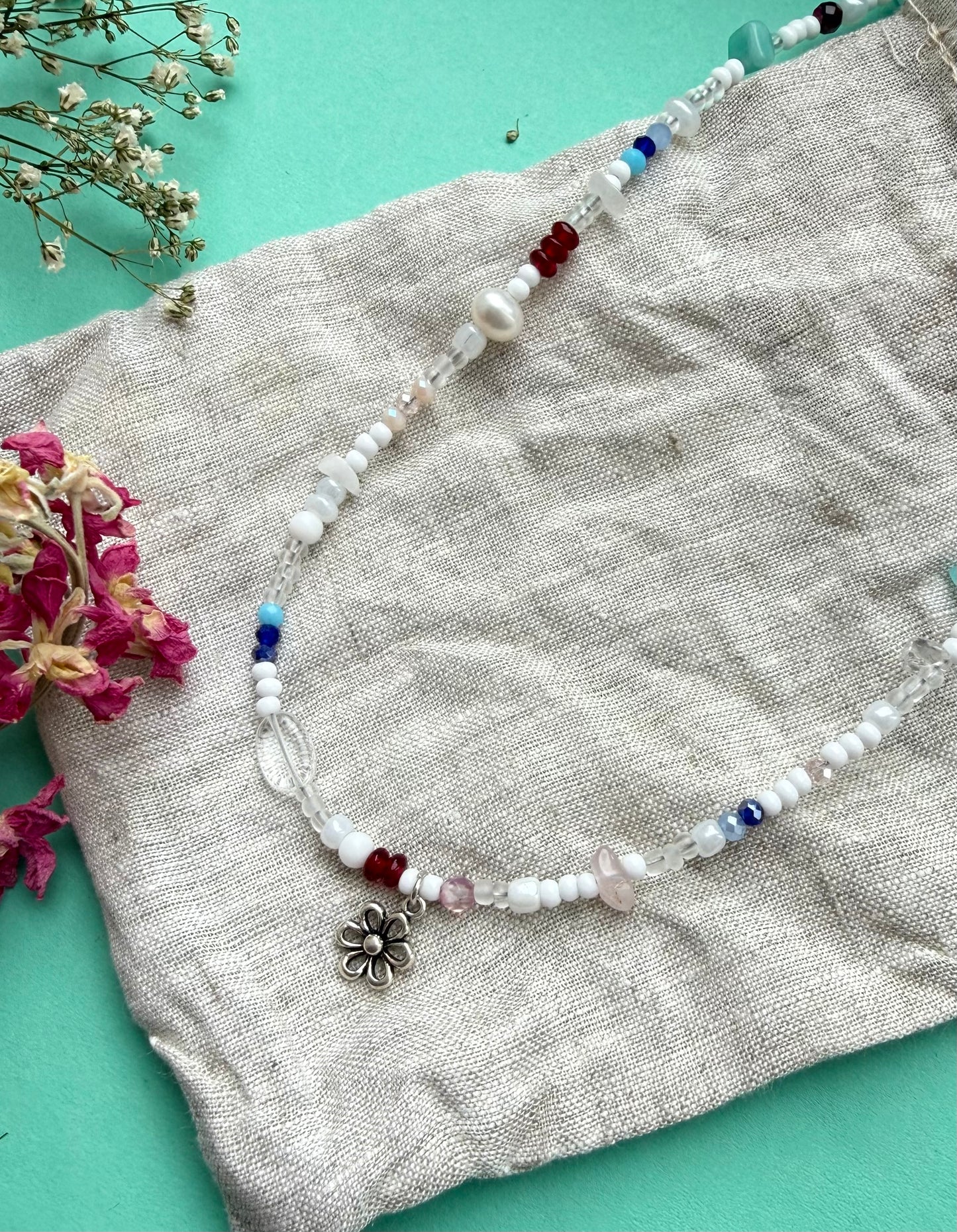 Summer Choker Necklace with 925 Silver Daisy Charm – Glass, Gemstone & Pearl Beaded Necklace (16” approx)