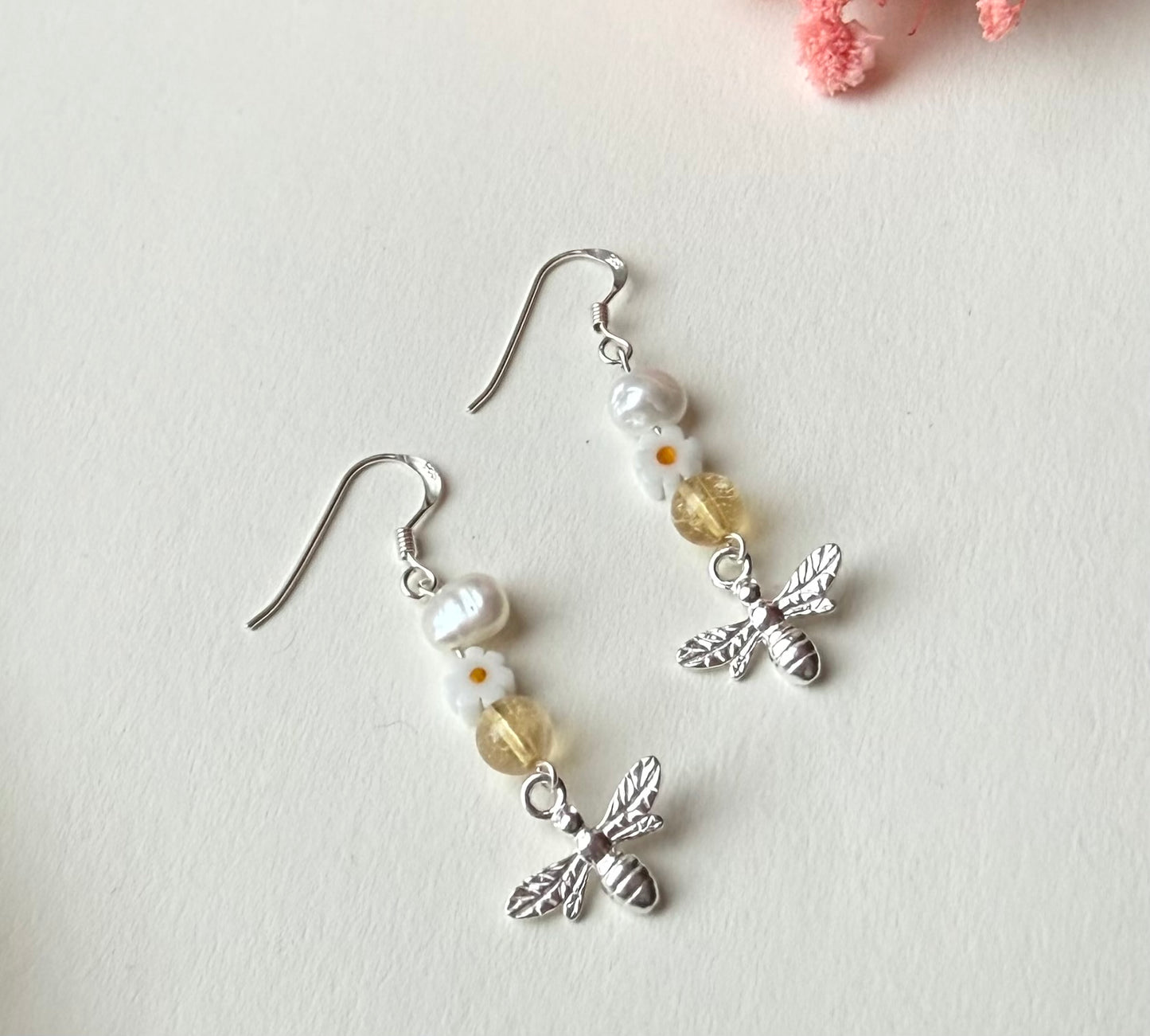Sterling Silver Citrine & Freshwater Pearl Bee Dangle Earrings