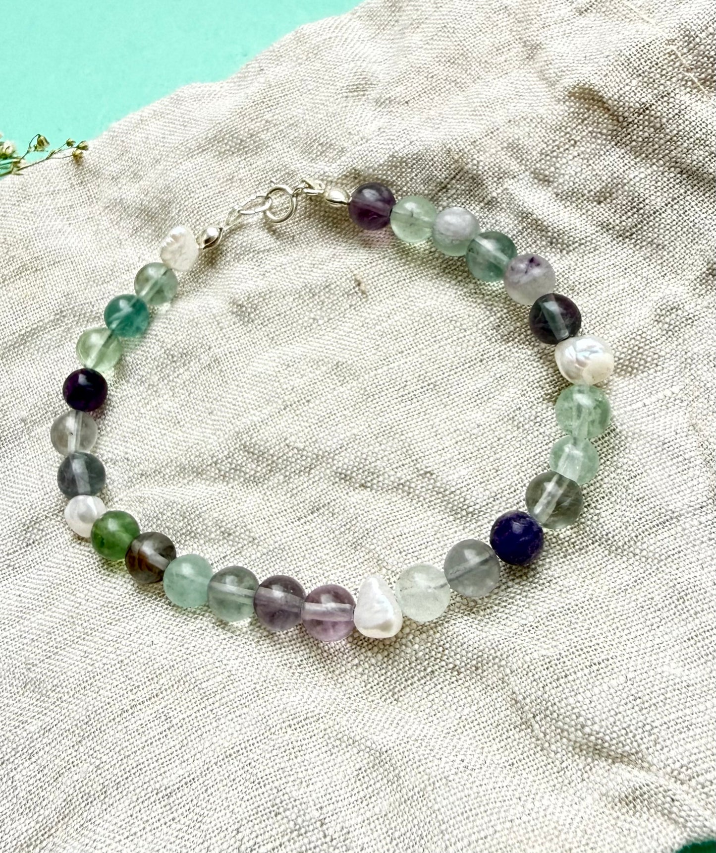 Fluorite & Freshwater Pearl Bracelet with 925 Sterling Silver Findings – Handmade 20cm Beaded Bracelet