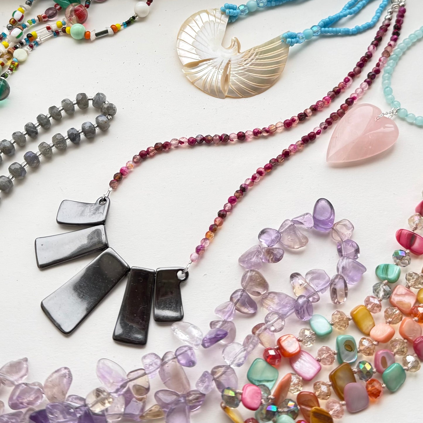 Pink Crackle Fire Agate & Hematite Necklace in Sterling Silver