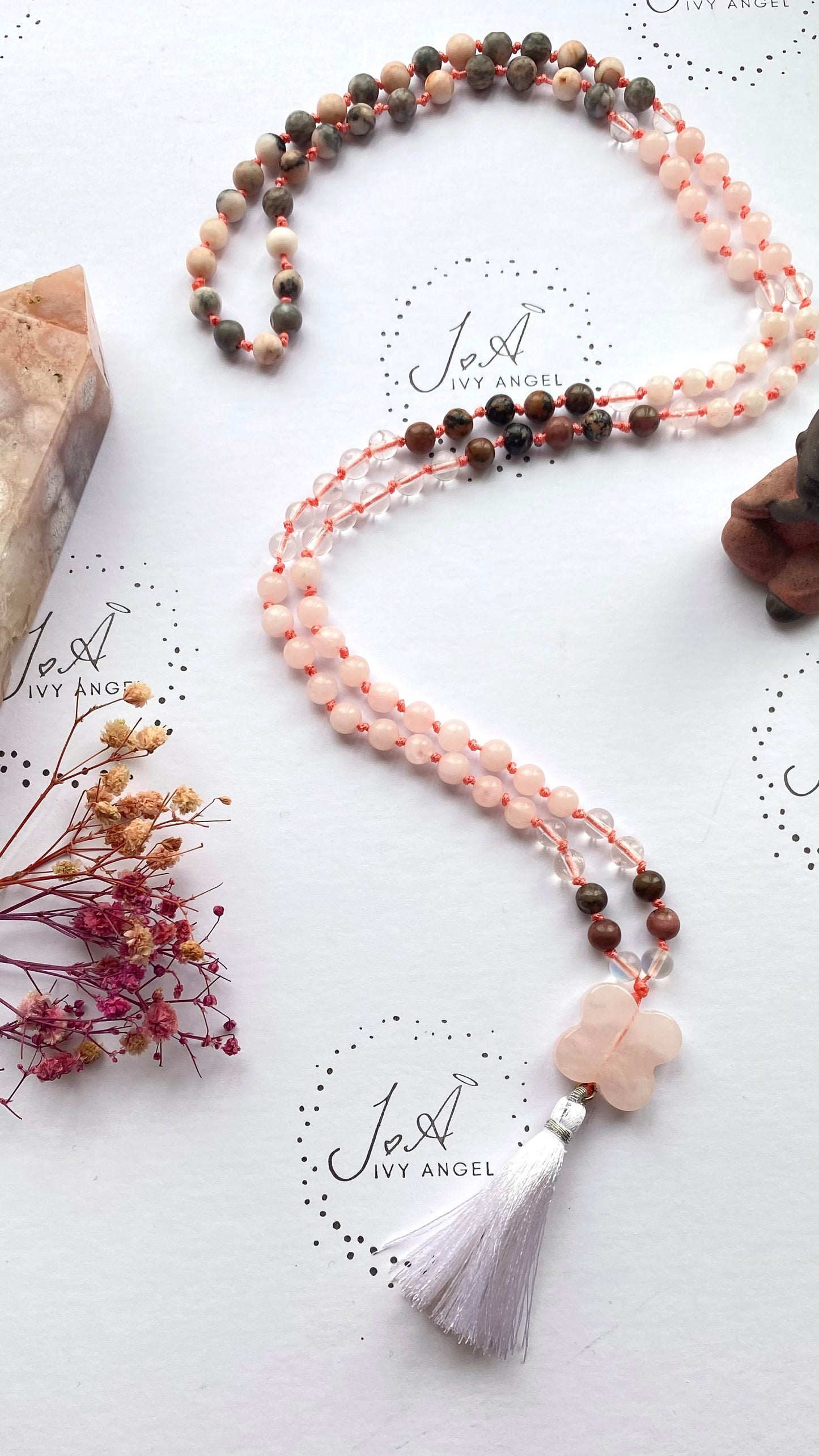 Mala Necklace – Semi-Precious Stones with Rose Quartz Guru Bead