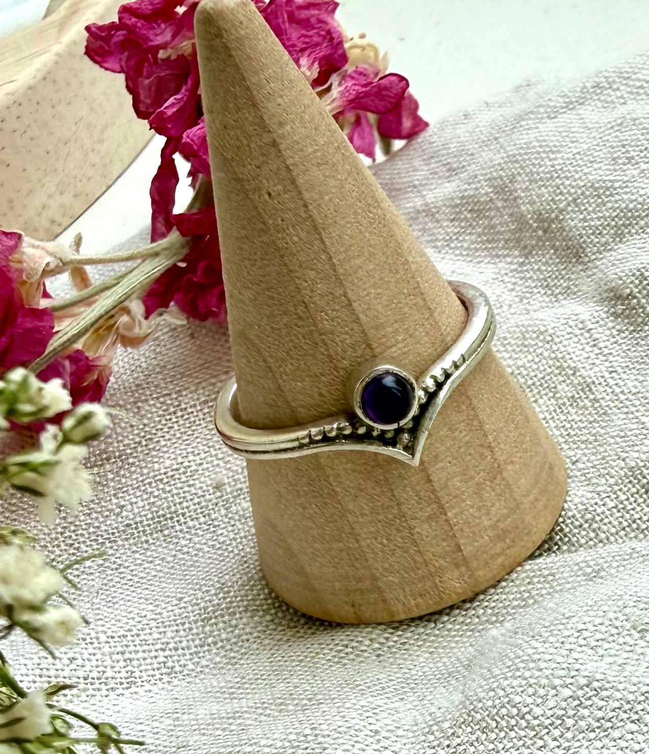 Amethyst Wishbone Sterling Silver Ring – Size P/Q