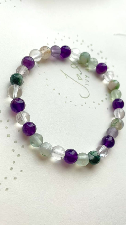 Study Crystal Bracelet. Fluorite | amethyst | tree agate |