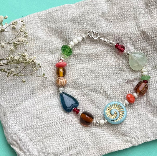 Colourful Ethnic-Style Czech Glass Bracelet with Vintage Glass & Sterling Silver – 8.5” / 22cm
