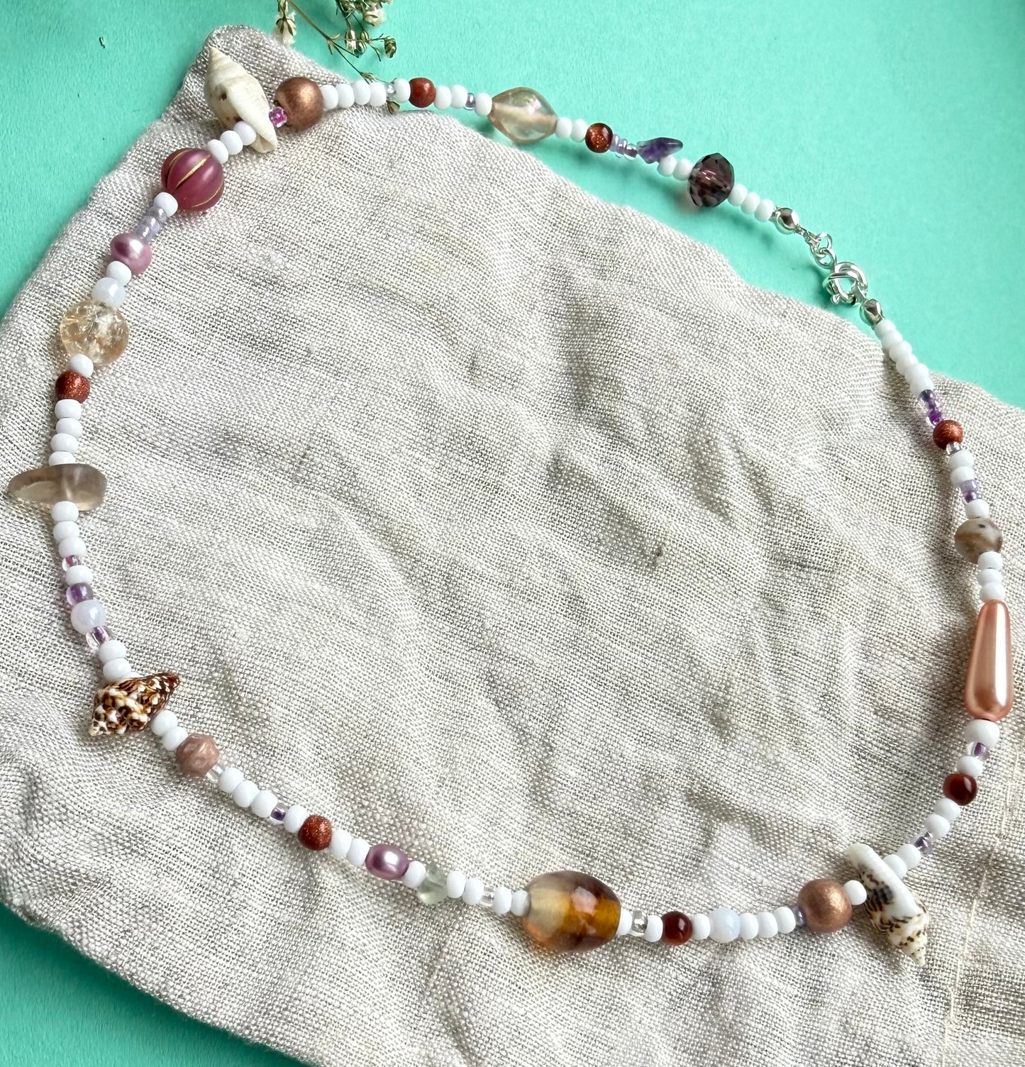 Summer Choker Necklace – Glass, Shell, Gemstone & Pearl Beaded Necklace (15” approx)