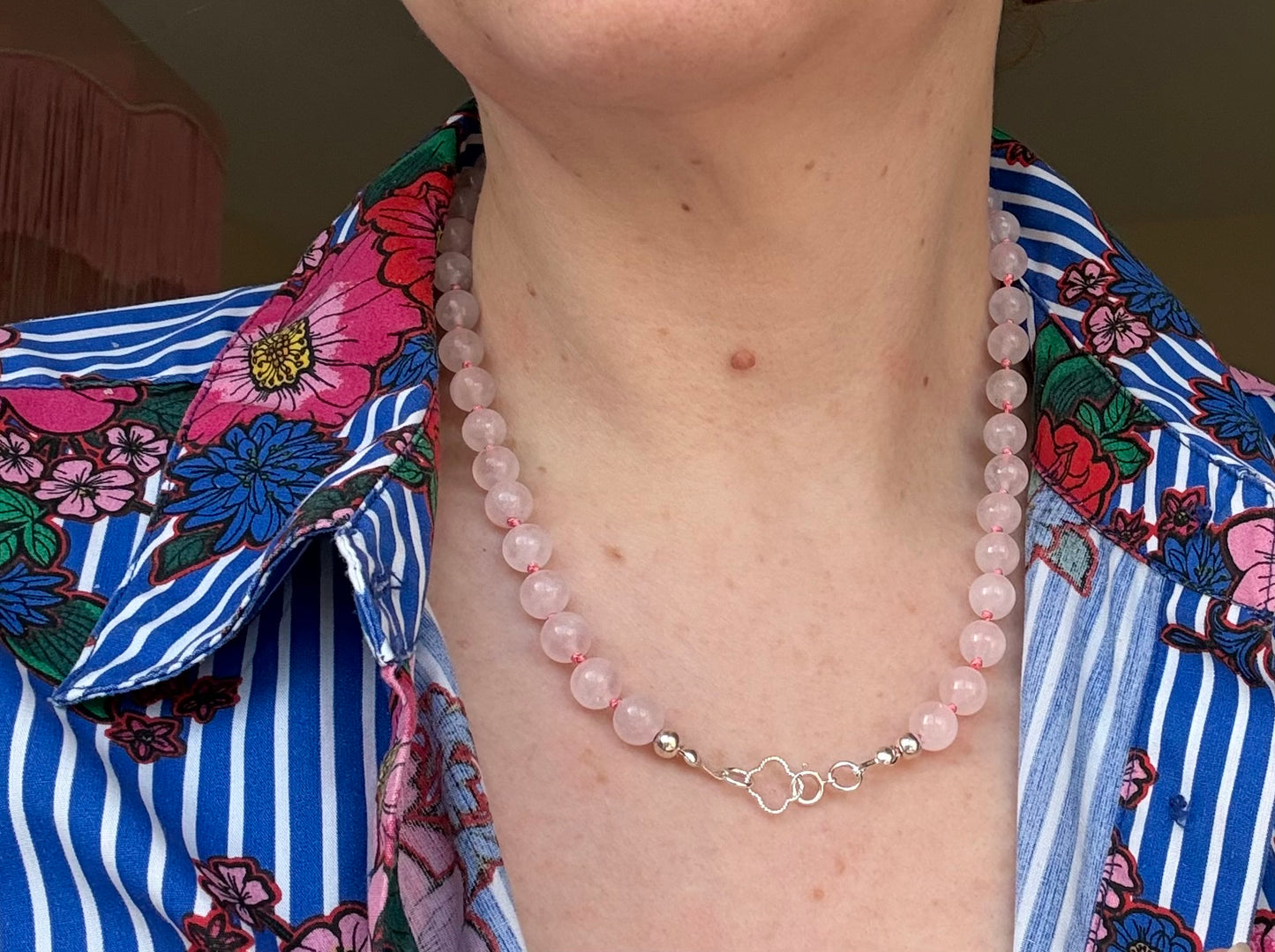 Rose Quartz Beaded Necklace with Sterling Silver Clover Connector
