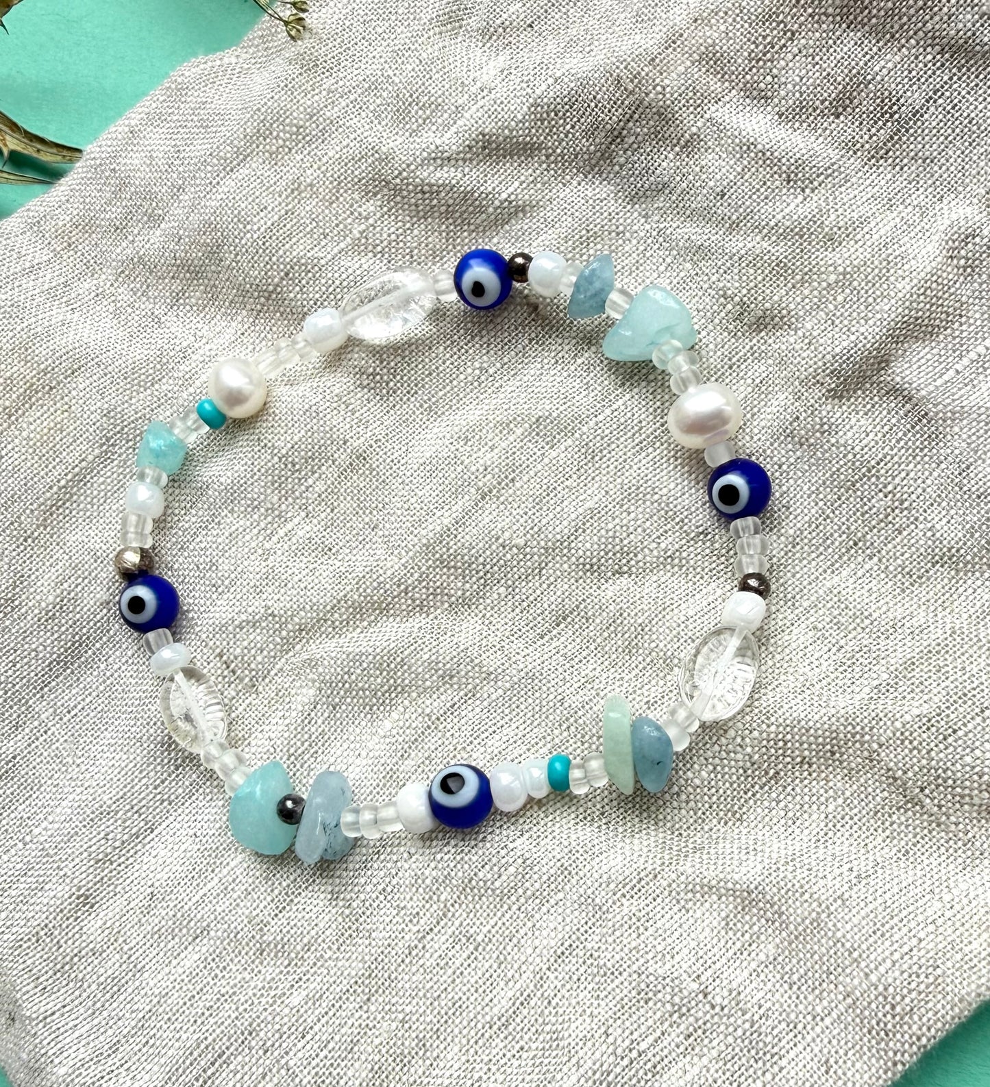 Evil Eye, Clear Quartz & Freshwater Pearl Bracelet – Handmade Stretch Bracelet