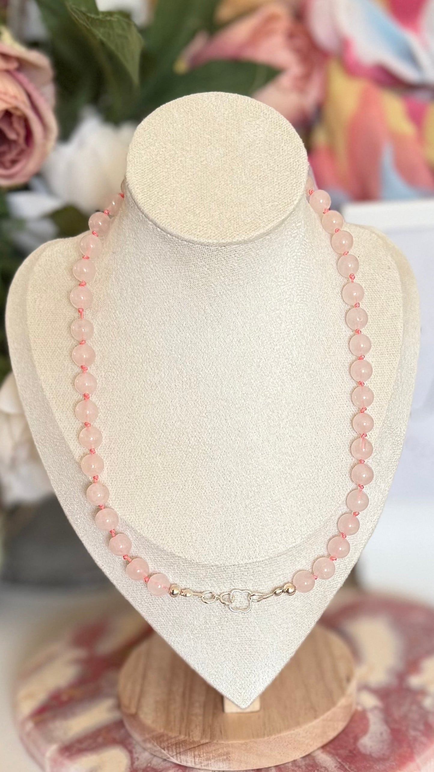 Rose Quartz Beaded Necklace with Sterling Silver Clover Connector