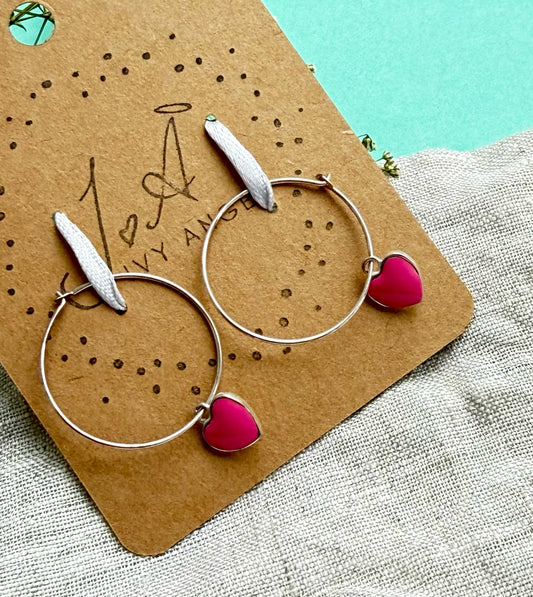 Pink Enamel Charm Earrings with 30mm Sterling Silver Hooks – 925 Handmade Dangle Earrings