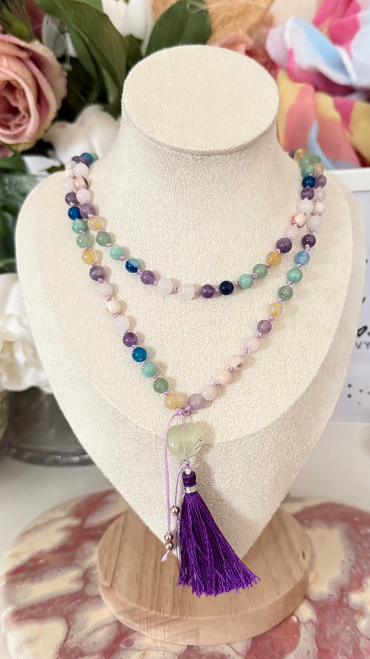 Mala Necklace – Semi-Precious Stones with Prehnite Guru Bead
