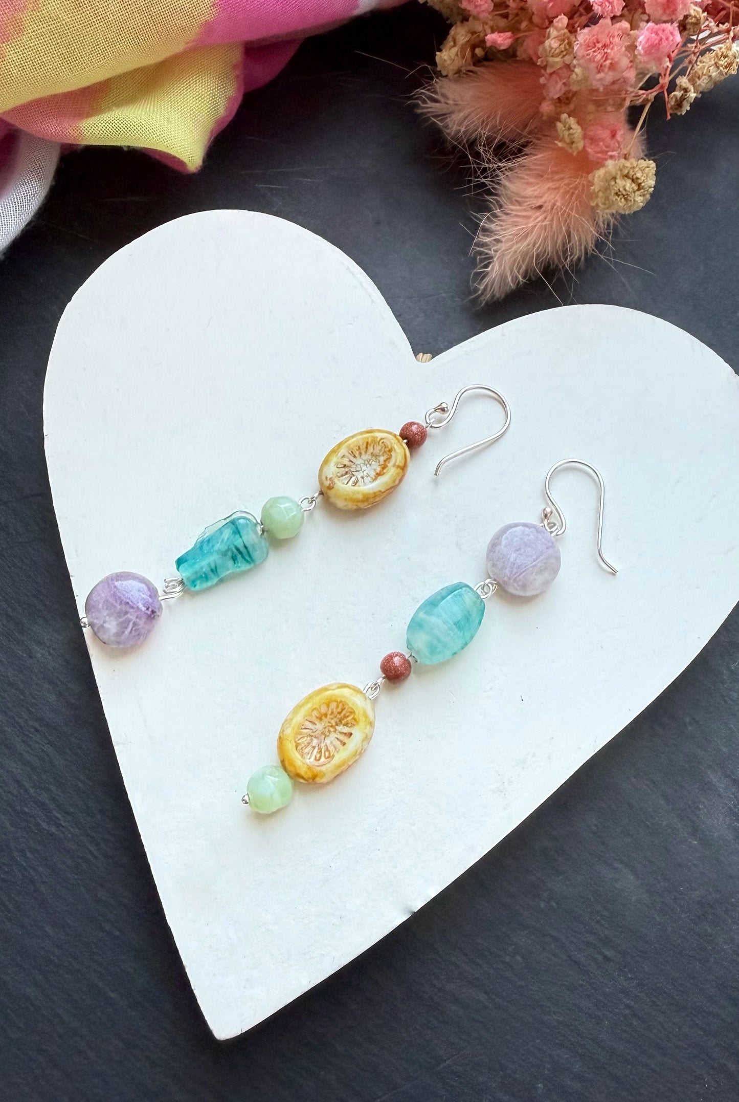 Boho Dangle Earrings with Vintage & Czech Glass Beads on Sterling Silver Hooks