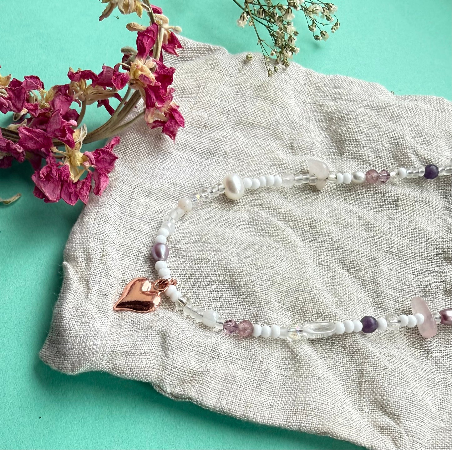 Summer Choker Necklace with Rose Gold Vermeil Heart Charm – Glass, Gemstone & Pearl Beaded Necklace (15” approx)