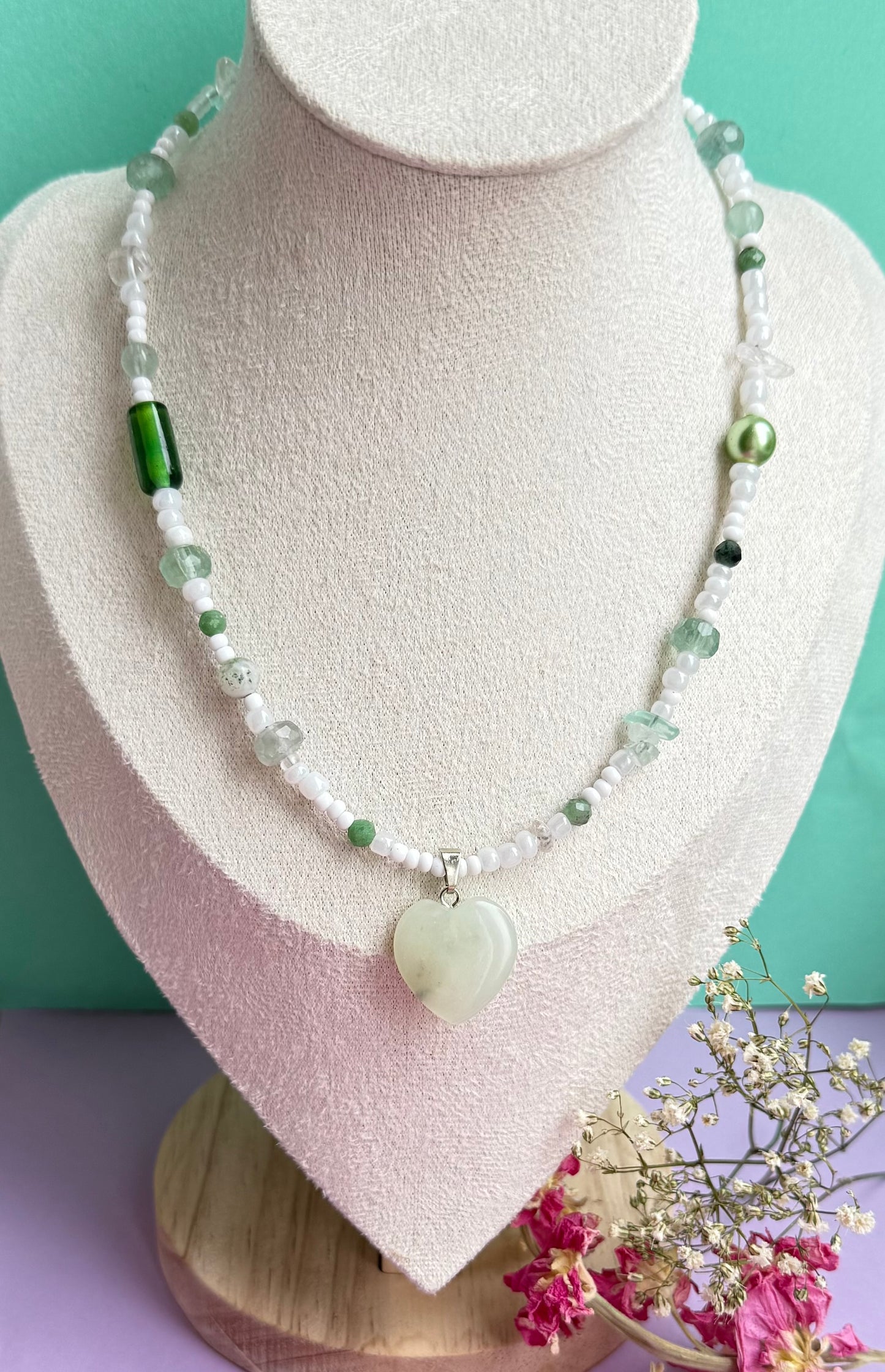 Summer Choker Necklace with Prehnite Heart Pendant – Glass, Gemstone & Vintage Beaded Necklace (16” approx)