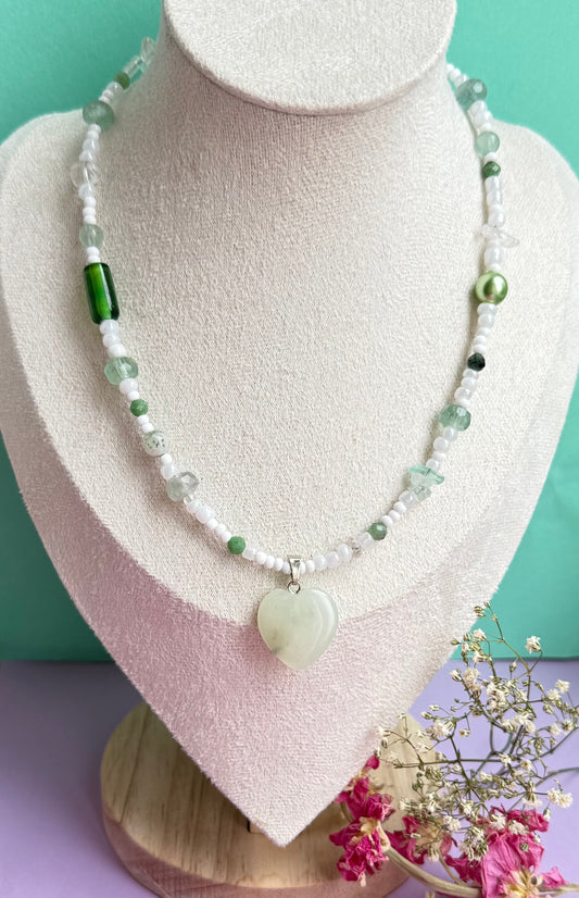 Summer Choker Necklace with Prehnite Heart Pendant – Glass, Gemstone & Vintage Beaded Necklace (16” approx)