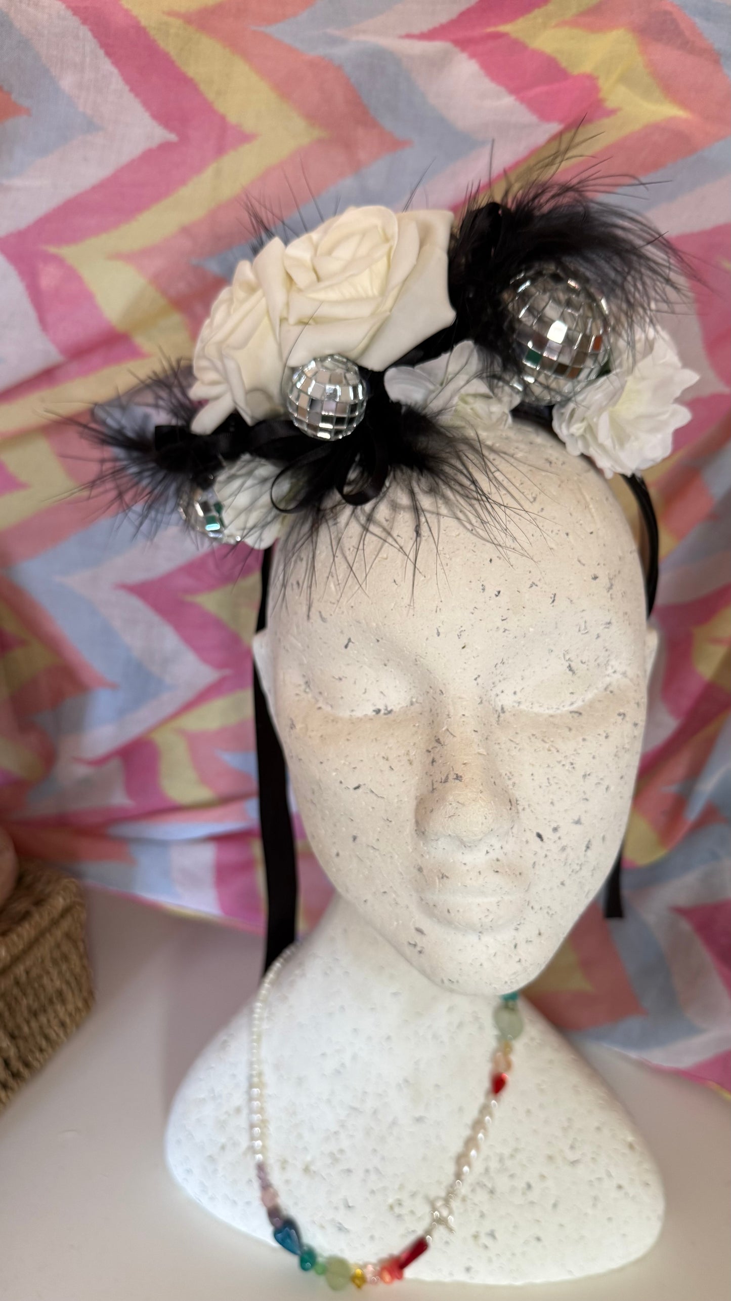 Monochrome Feather Disco Ball Upcycled Floral Festival Headband | Sustainable Hair Accessory | Handmade Boho Hairband | Eco Friendly Gift for Her (Copy)
