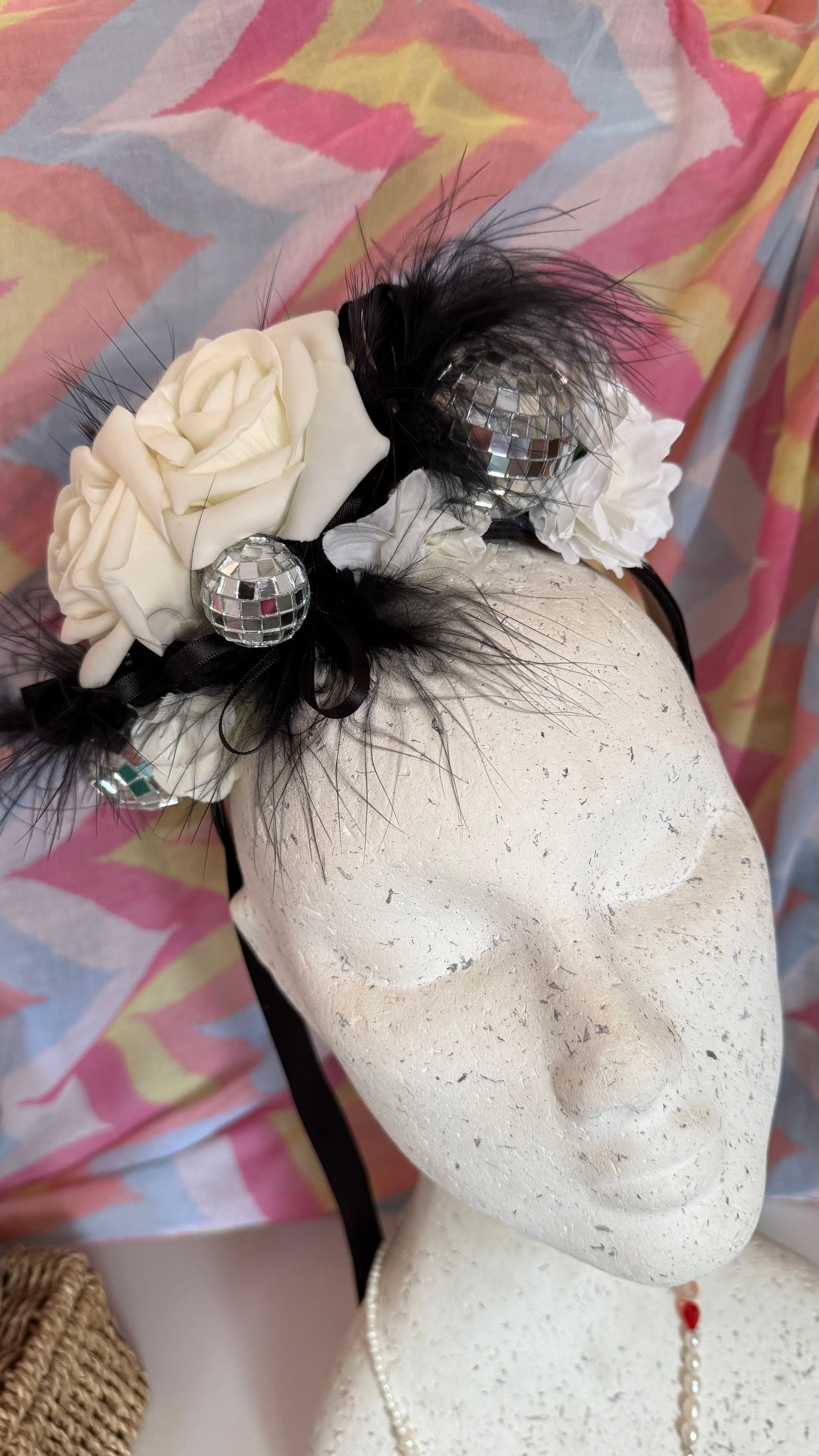 Monochrome Feather Disco Ball Upcycled Floral Festival Headband | Sustainable Hair Accessory | Handmade Boho Hairband | Eco Friendly Gift for Her (Copy)