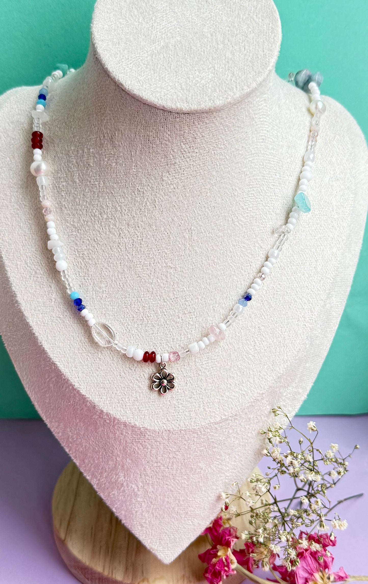 Summer Choker Necklace with 925 Silver Daisy Charm – Glass, Gemstone & Pearl Beaded Necklace (16” approx)