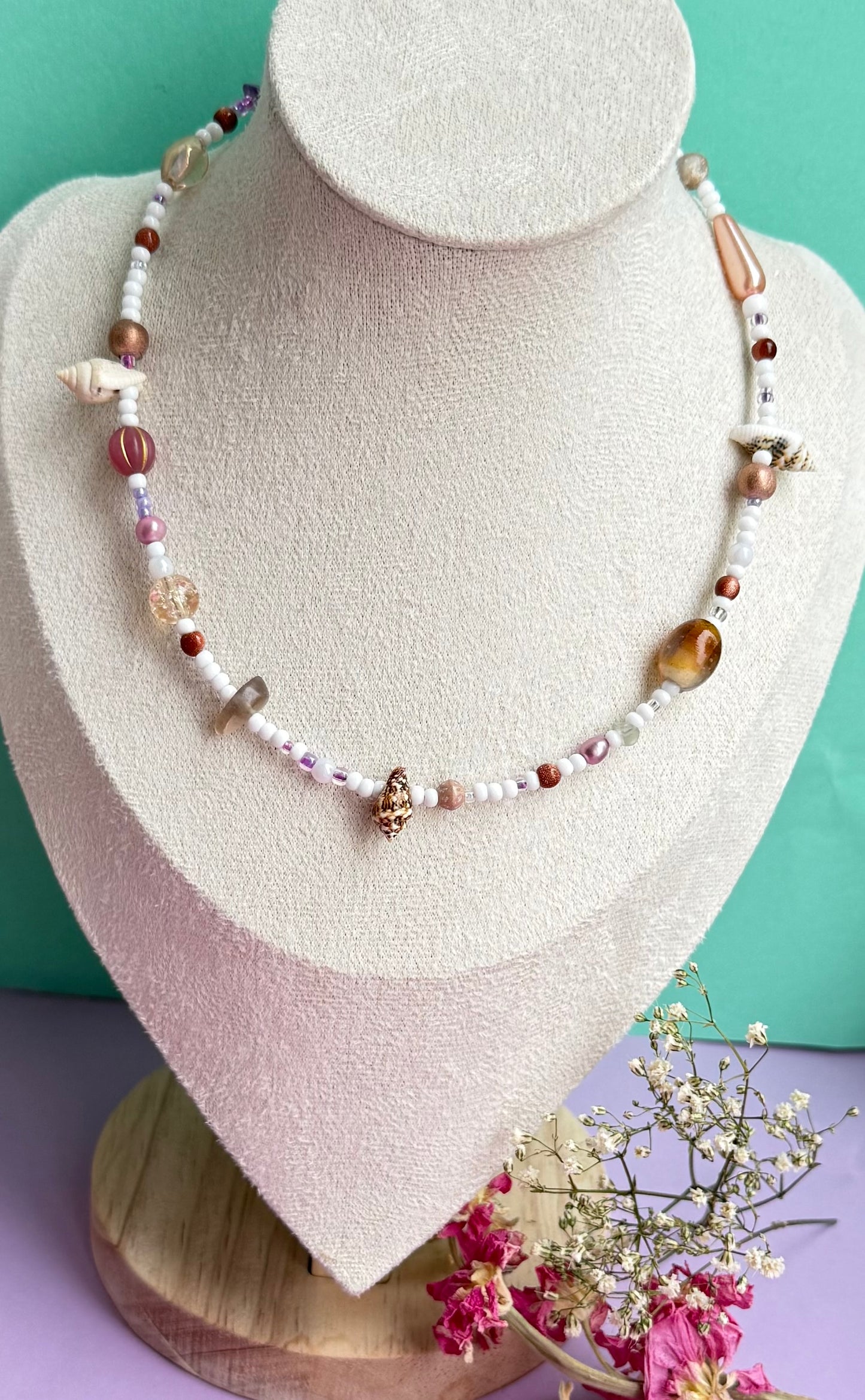 Summer Choker Necklace – Glass, Shell, Gemstone & Pearl Beaded Necklace (15” approx)