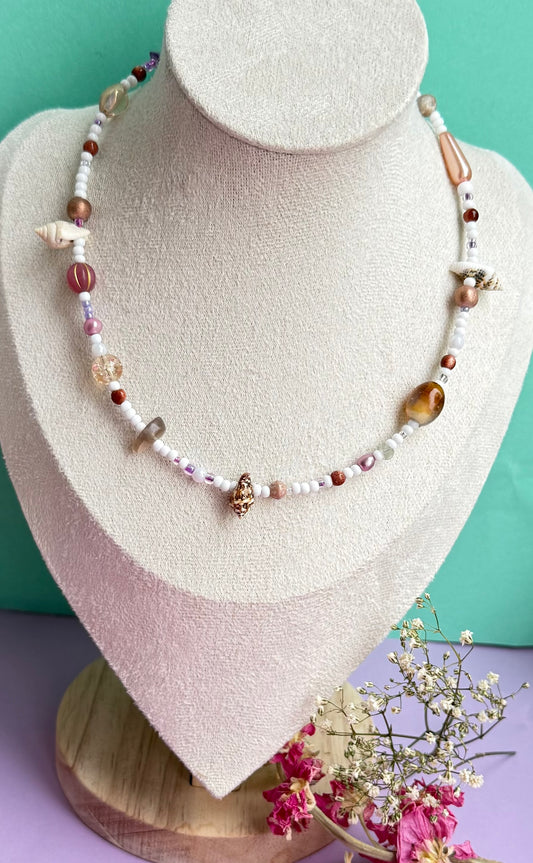 Summer Choker Necklace – Glass, Shell, Gemstone & Pearl Beaded Necklace (15” approx)