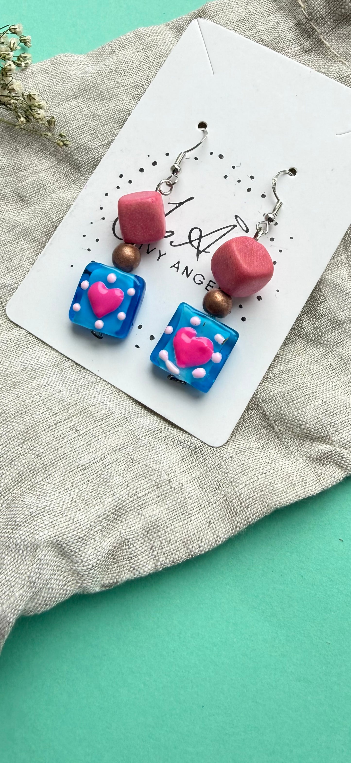 Funky Dopamine Earrings – Upcycled Pink Wood & Hand-Painted Glass Square Dangle Earrings