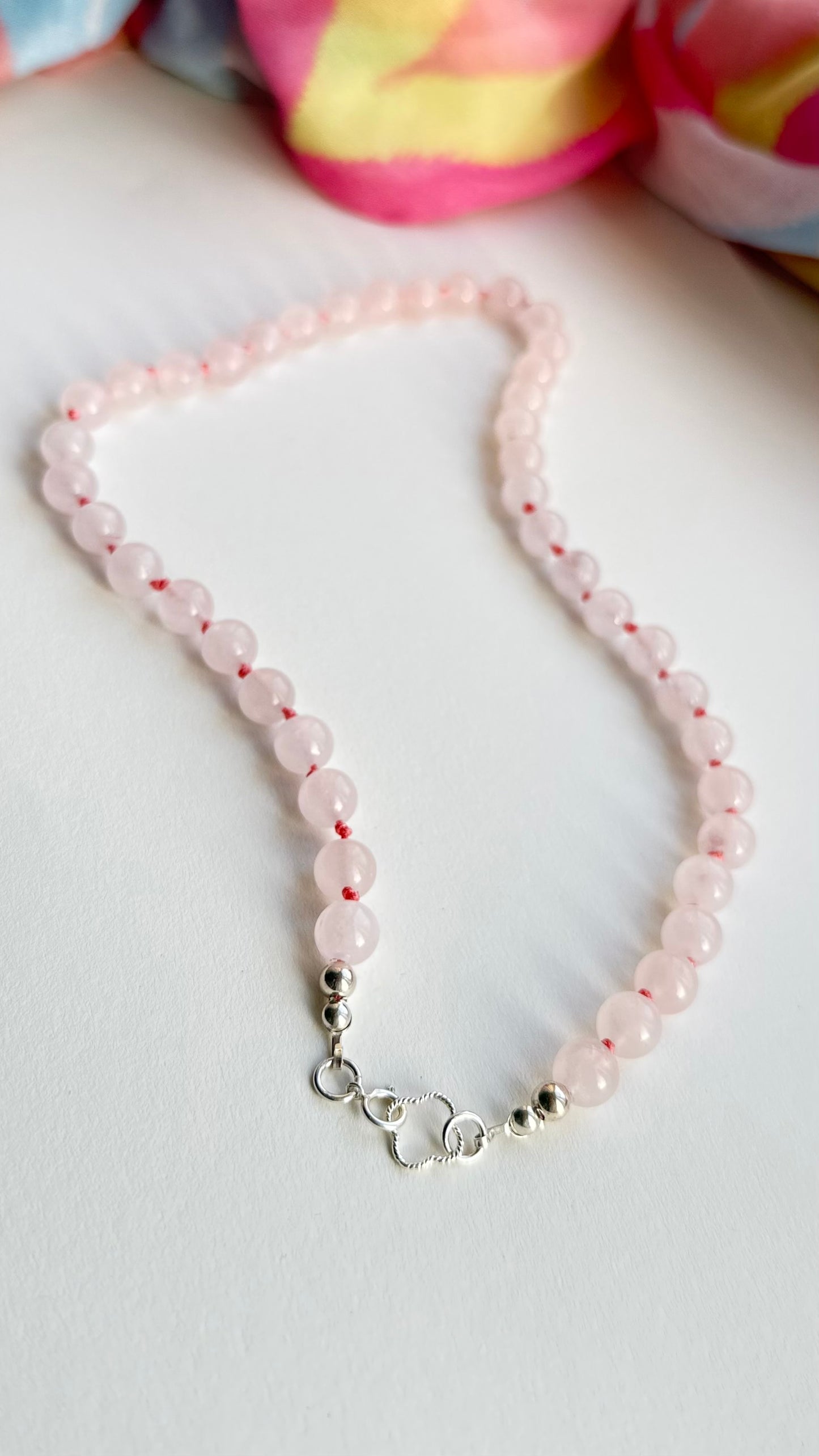 Rose Quartz Beaded Necklace with Sterling Silver Clover Connector