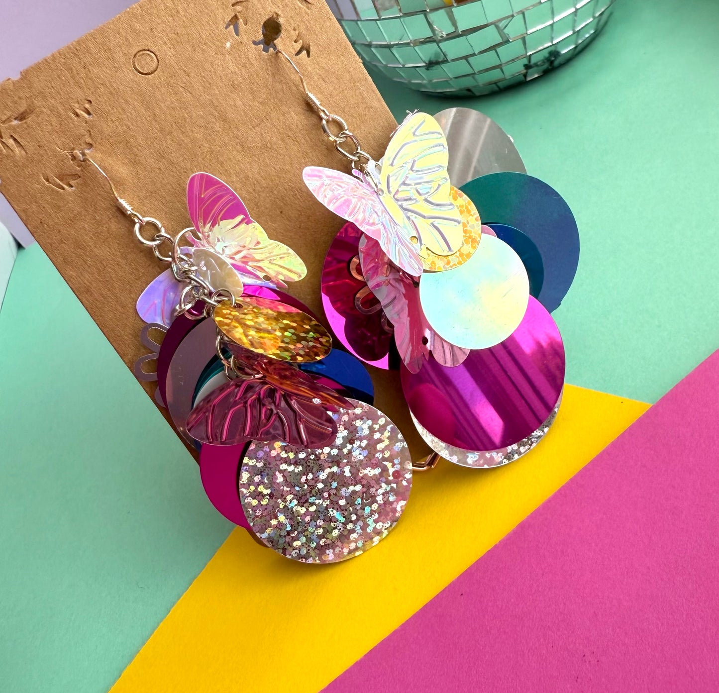 Butterfly Sequin Festival Earrings – Upcycled Statement Earrings with Sterling Silver Hooks