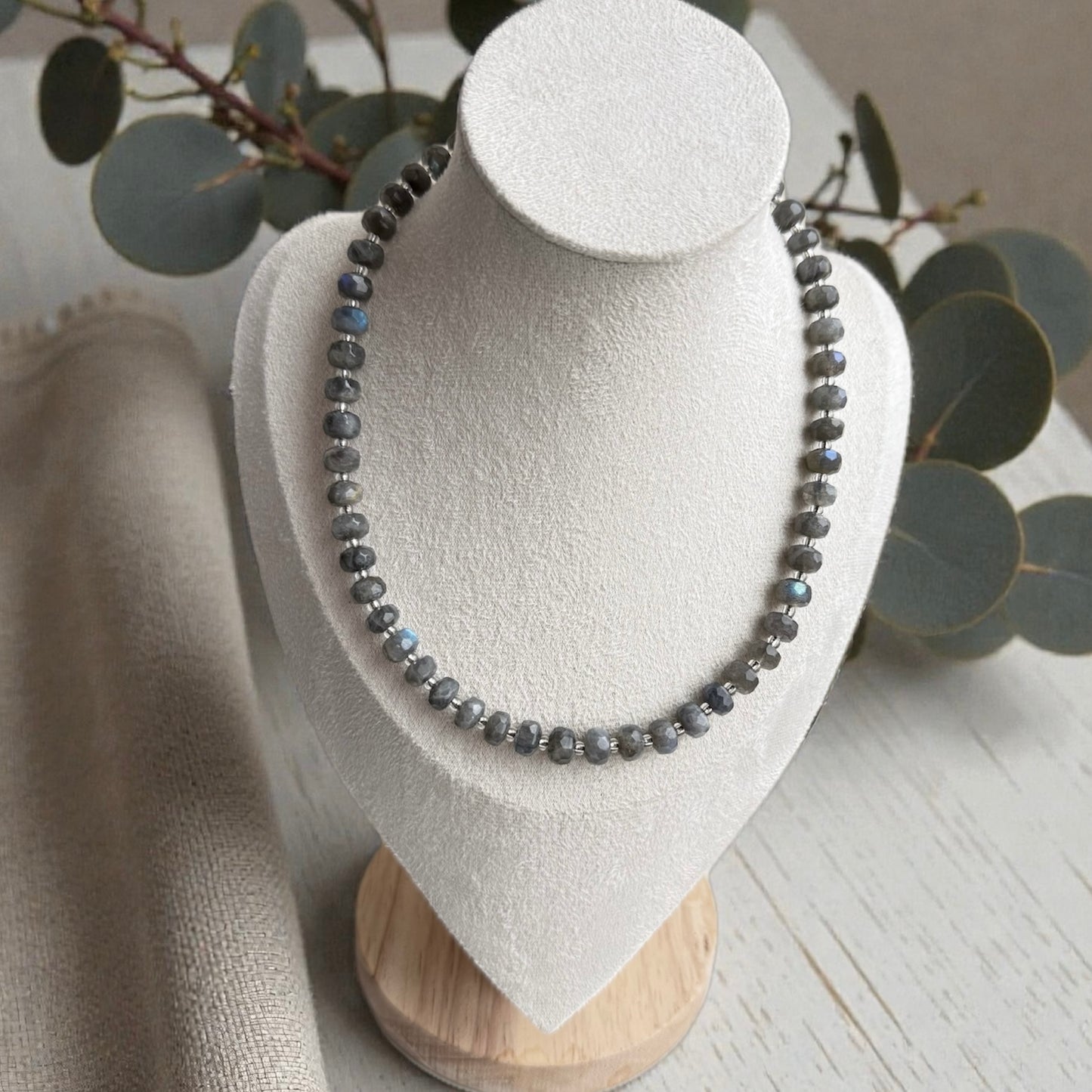Faceted Labradorite Rondelle Necklace – 17” Sterling Silver
