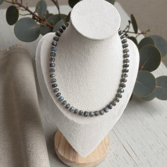 Faceted Labradorite Rondelle Necklace – 17” Sterling Silver