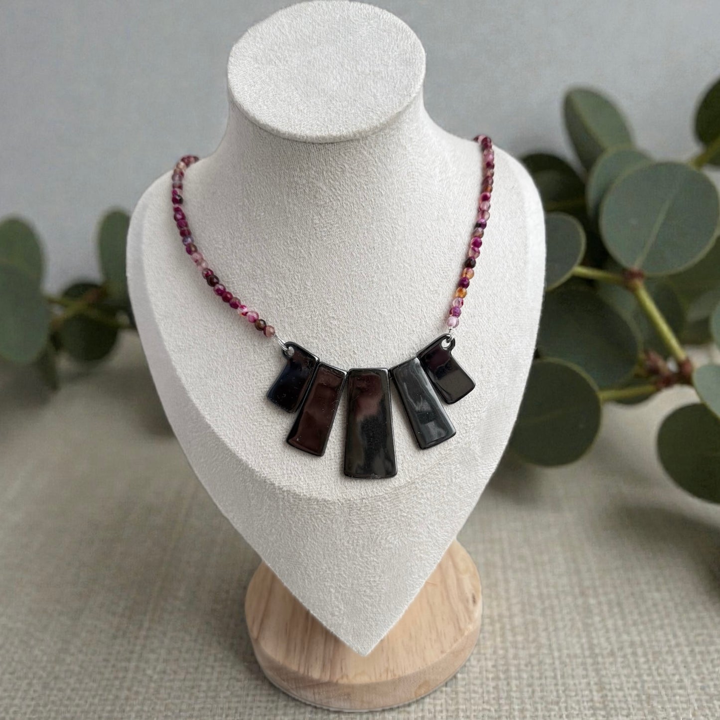 Pink Crackle Fire Agate & Hematite Necklace in Sterling Silver