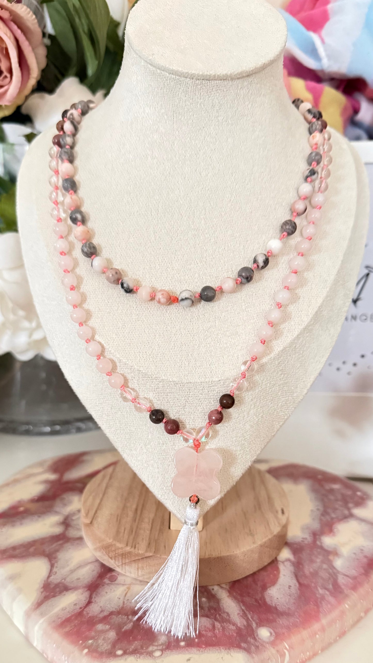 Mala Necklace – Semi-Precious Stones with Rose Quartz Guru Bead