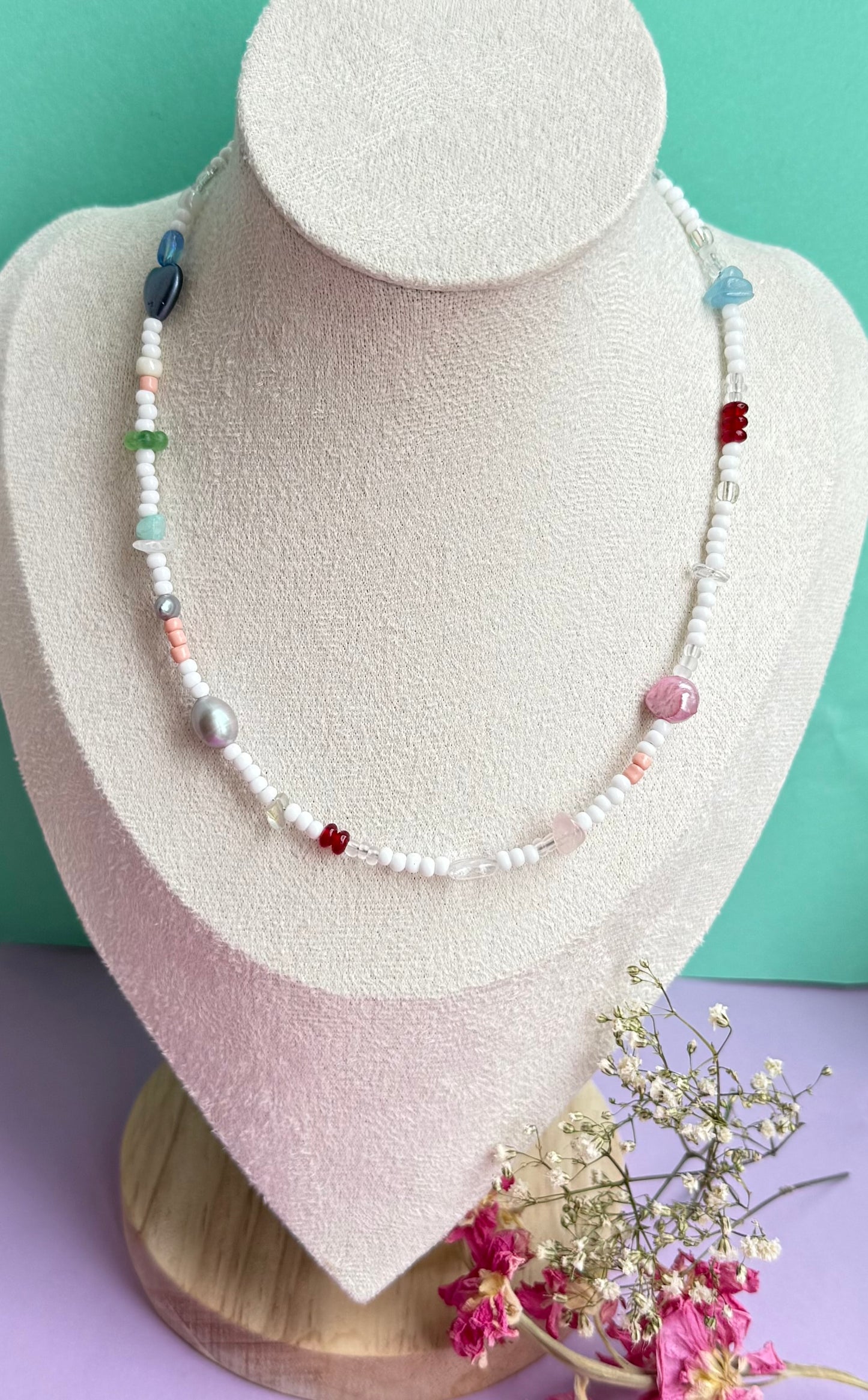 Summer Choker Necklace – Glass, Gemstone & Pearl Beaded Necklace (15” approx)