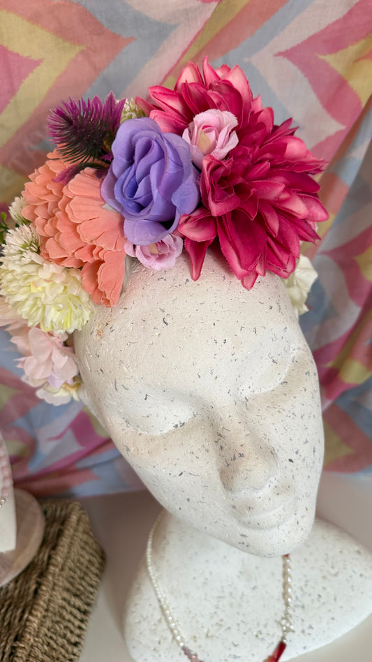 Pink Pop Upcycled Floral Festival Headband | Sustainable Hair Accessory | Handmade Boho Hairband | Eco Friendly Gift for Her