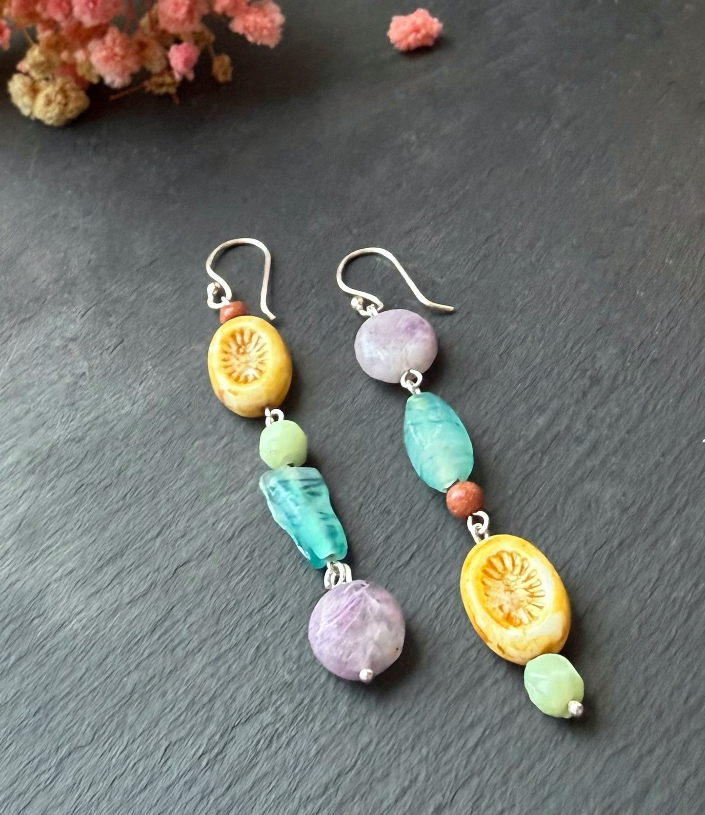 Boho Dangle Earrings with Vintage & Czech Glass Beads on Sterling Silver Hooks