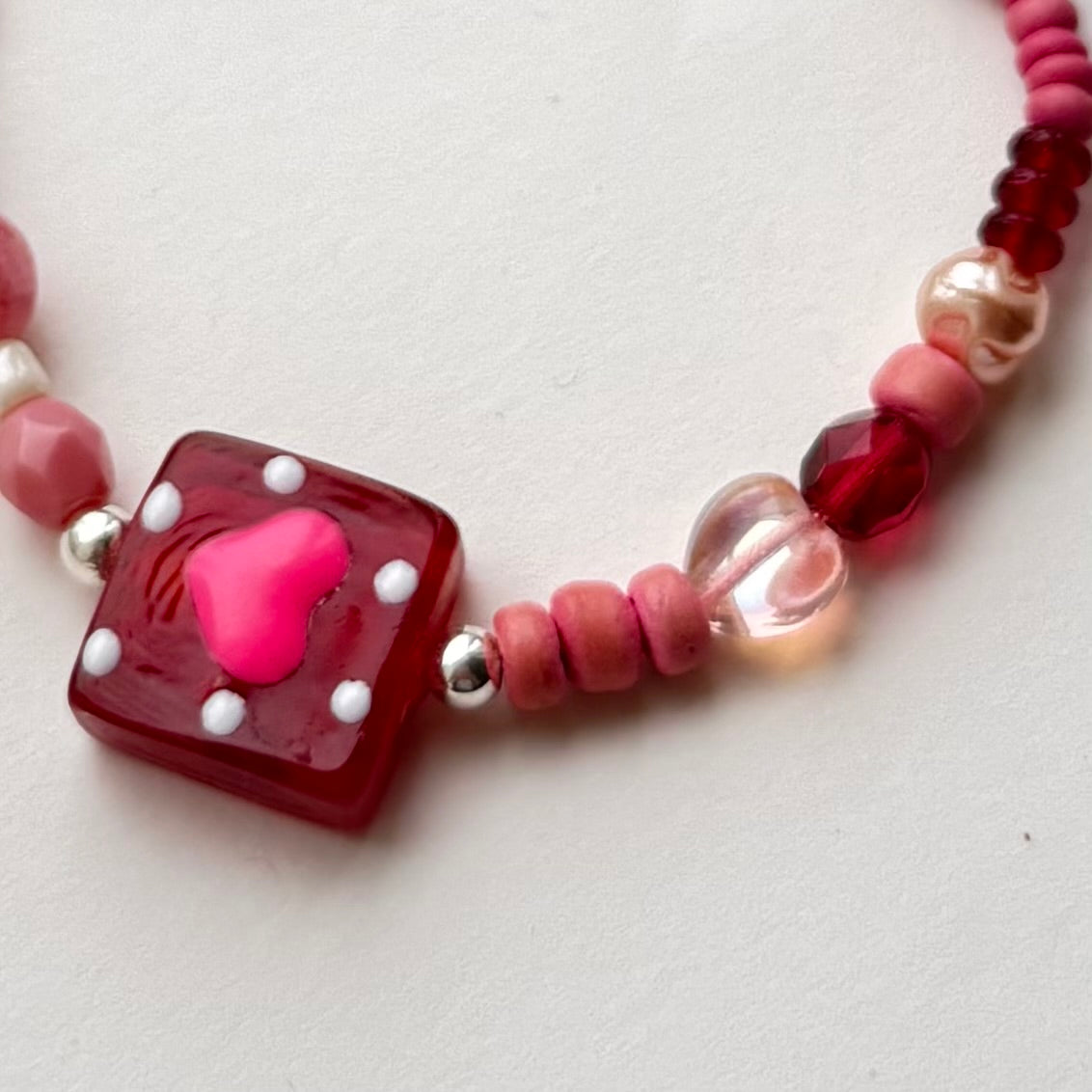 Czech Glass Heart Bracelet with Sterling Silver Beads – Handmade 7” / 18cm