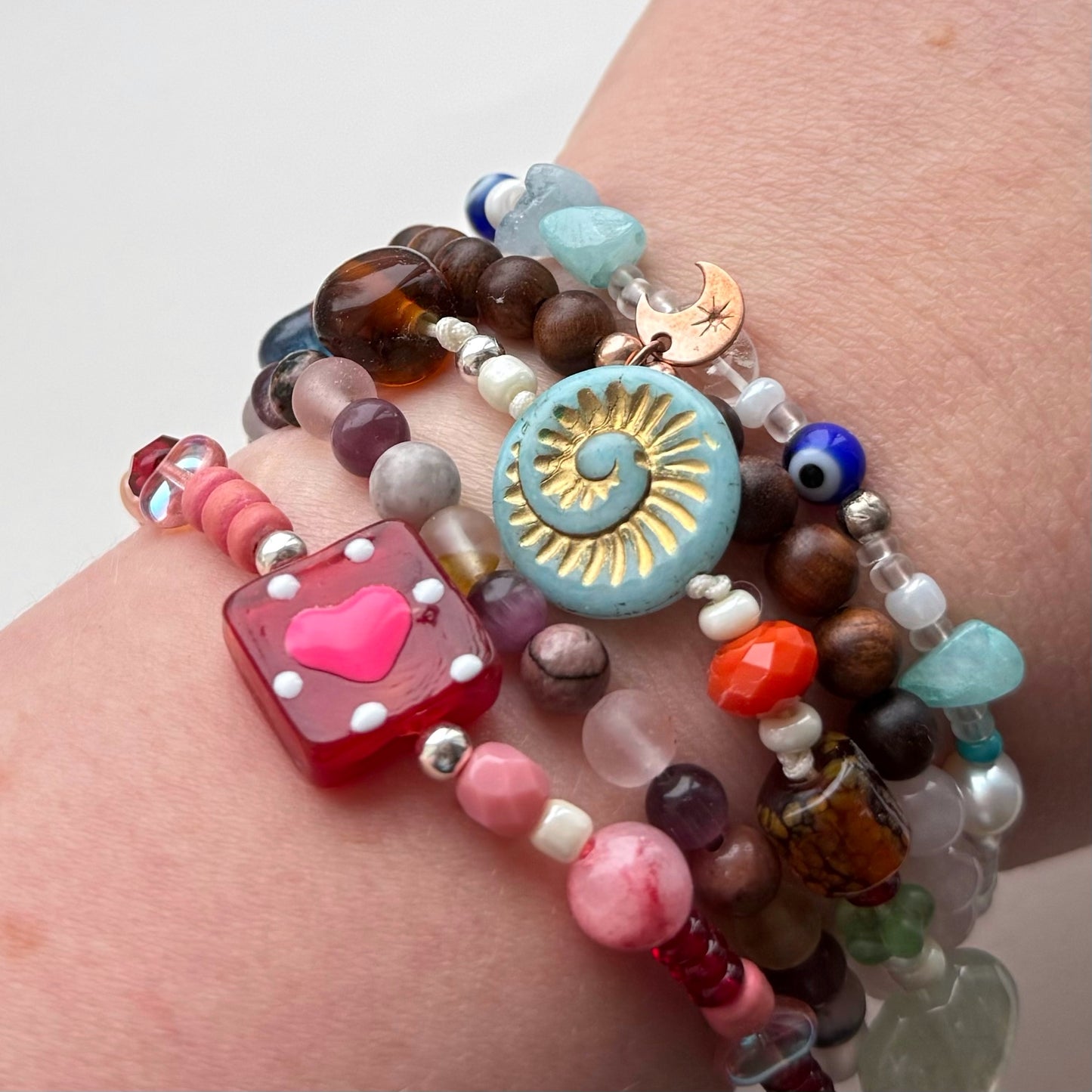 Colourful Ethnic-Style Czech Glass Bracelet with Vintage Glass & Sterling Silver – 8.5” / 22cm