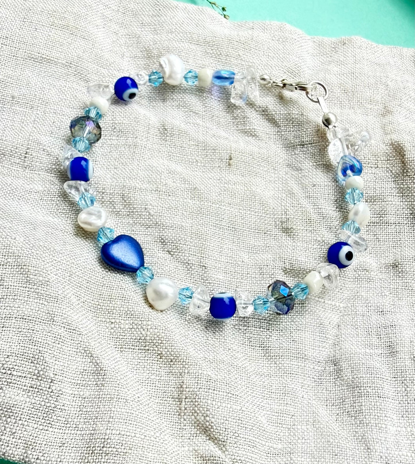 Silver 925 Evil Eye, Clear Quartz & Freshwater Pearl Bracelet – Handmade Bracelet