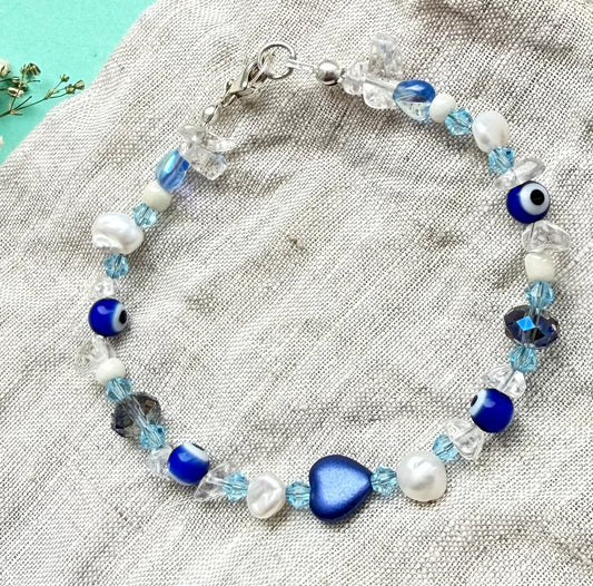 Silver 925 Evil Eye, Clear Quartz & Freshwater Pearl Bracelet – Handmade Bracelet