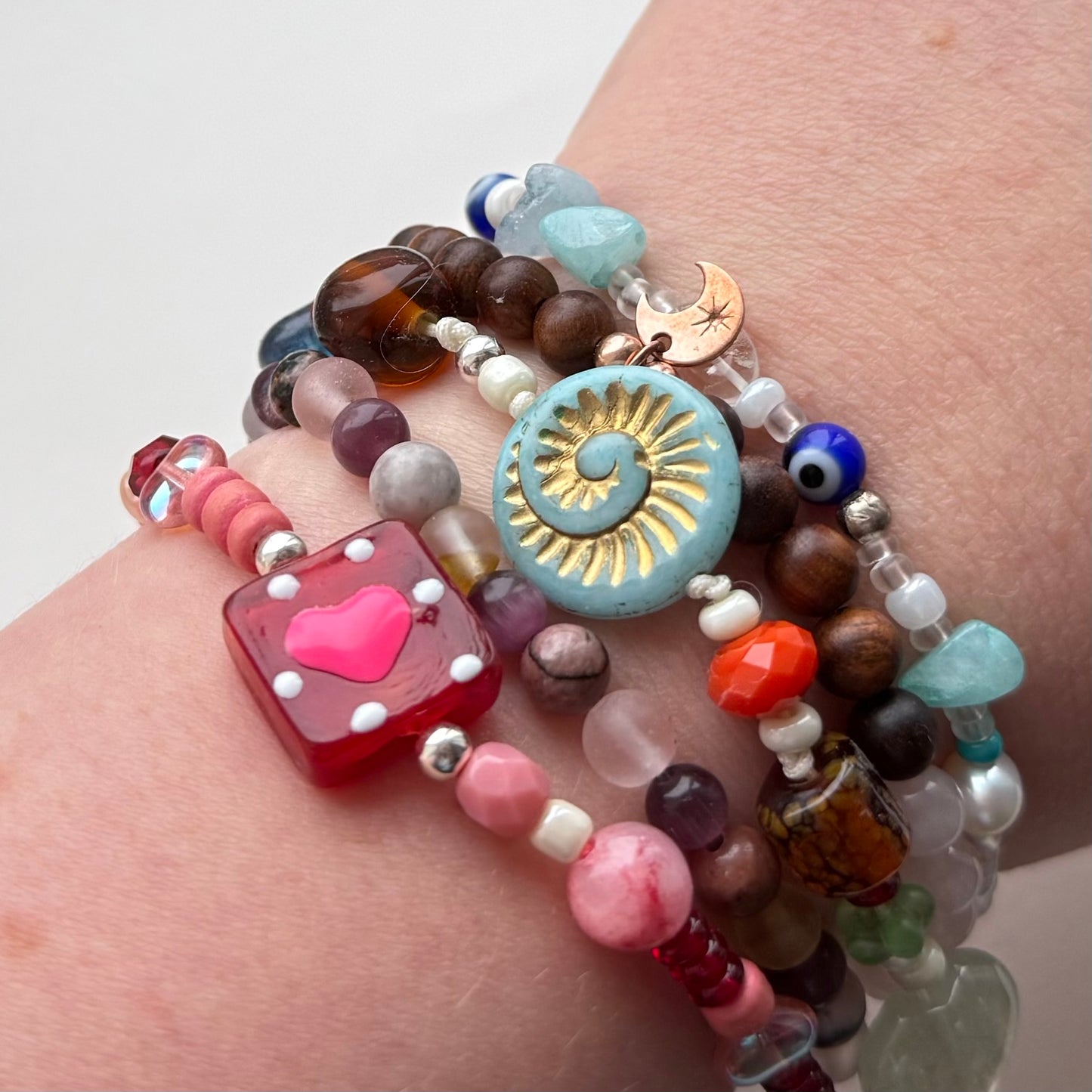 Czech Glass Heart Bracelet with Sterling Silver Beads – Handmade 7” / 18cm