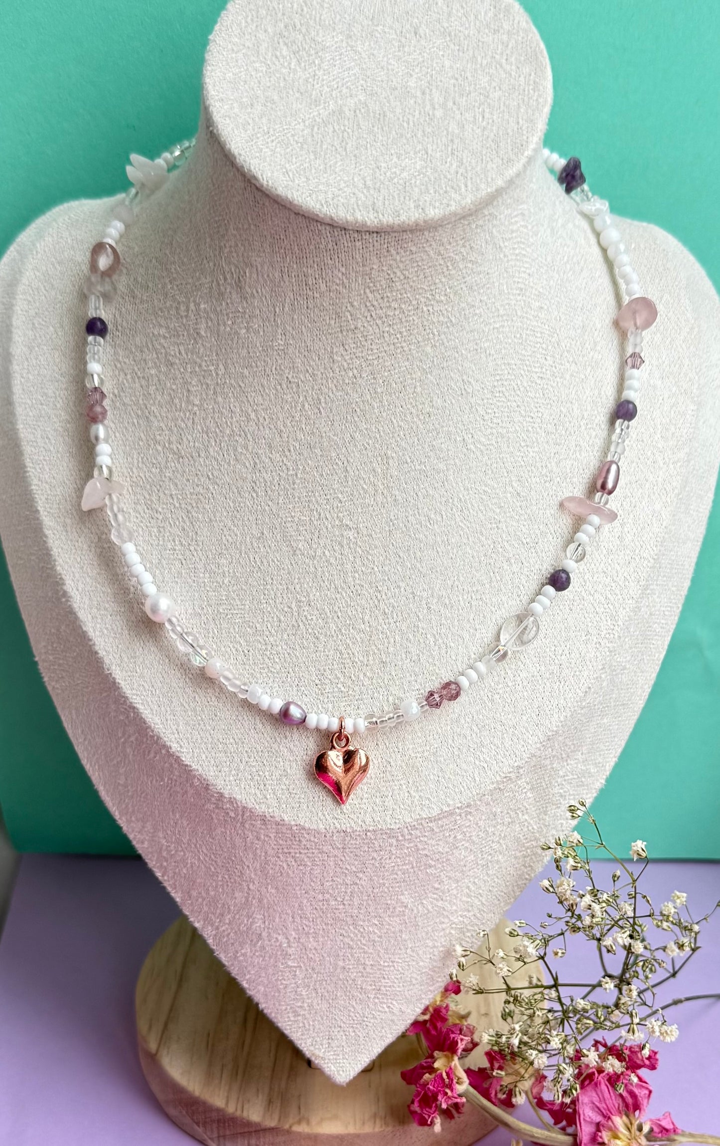 Summer Choker Necklace with Rose Gold Vermeil Heart Charm – Glass, Gemstone & Pearl Beaded Necklace (15” approx)