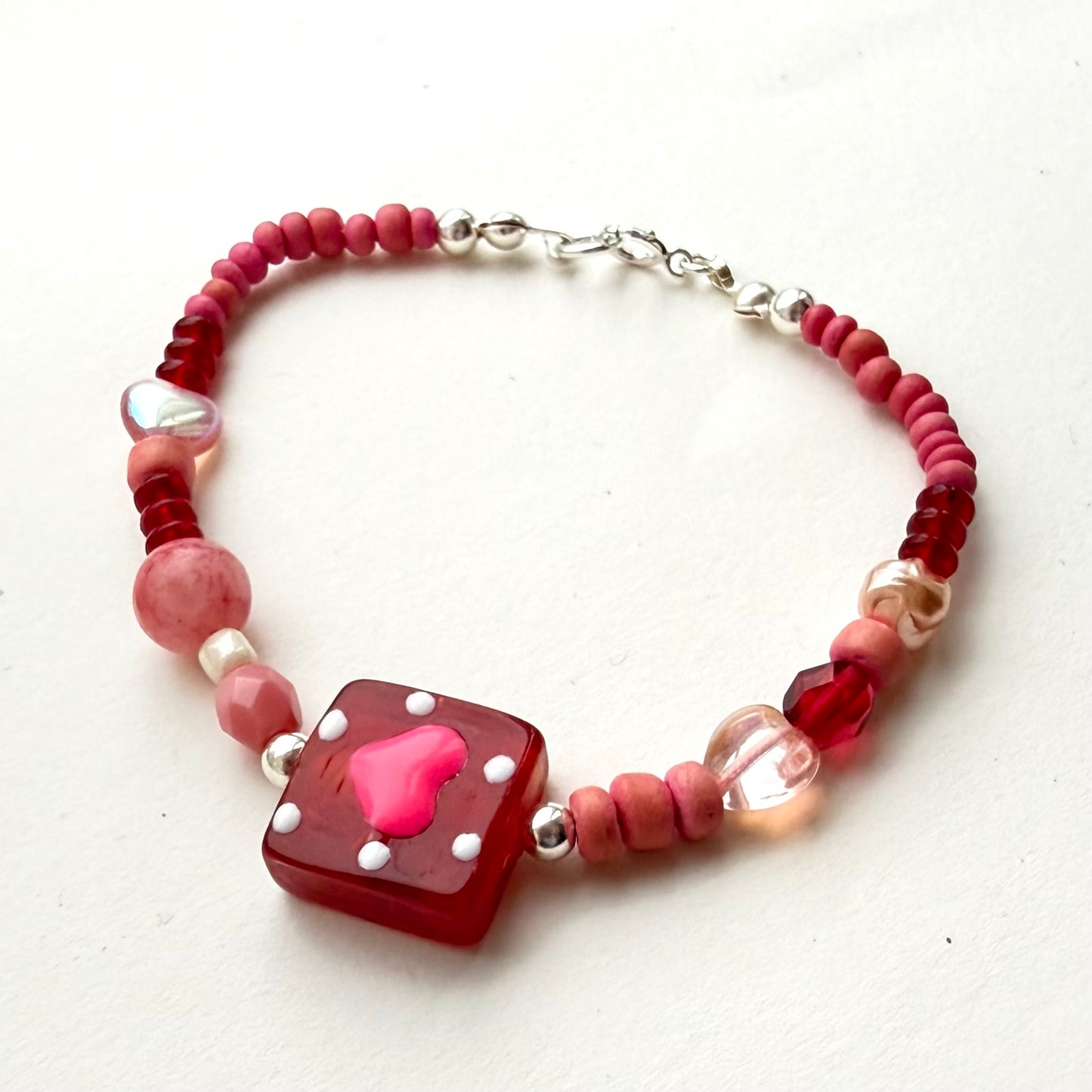 Czech Glass Heart Bracelet with Sterling Silver Beads – Handmade 7” / 18cm