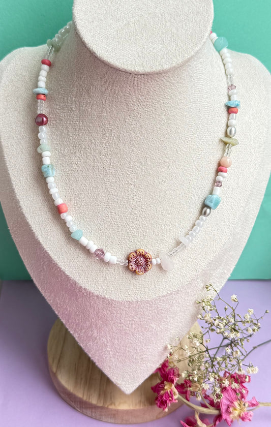 Summer Choker Necklace – Glass, Gemstone & Pearl Beaded Flower Necklace (15” approx)