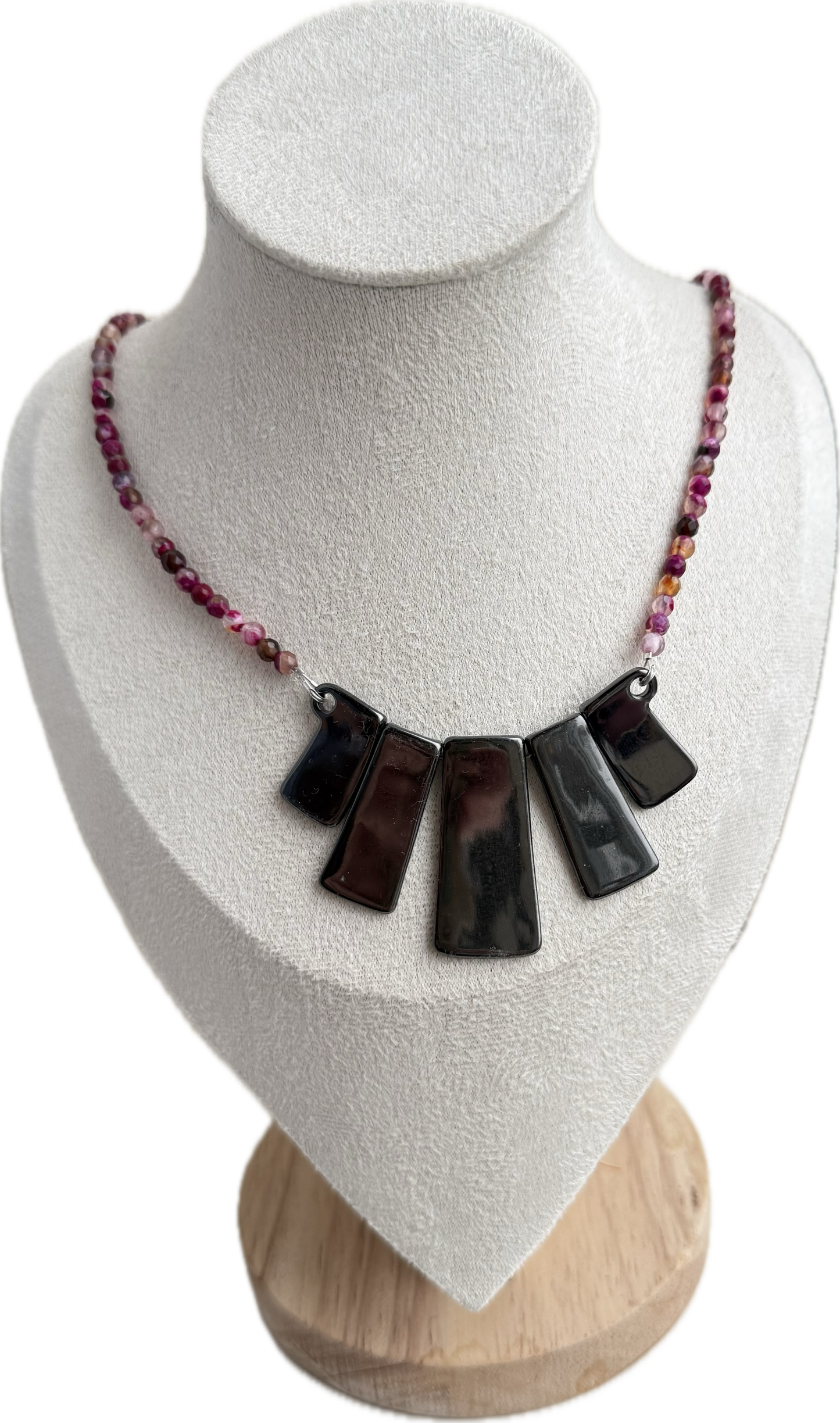 Pink Crackle Fire Agate & Hematite Necklace in Sterling Silver