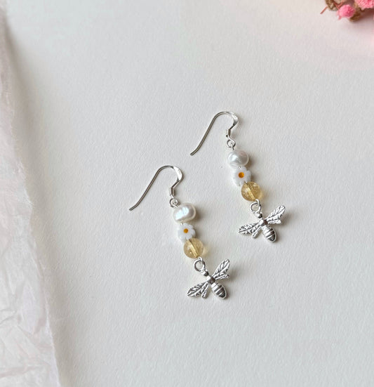 Sterling Silver Citrine & Freshwater Pearl Bee Dangle Earrings
