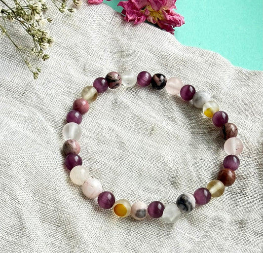 Pink Zebra Jasper, Cherry Quartz & Purple Cat’s Eye Bracelet – Handmade 6mm Gemstone Stretch Bracelet